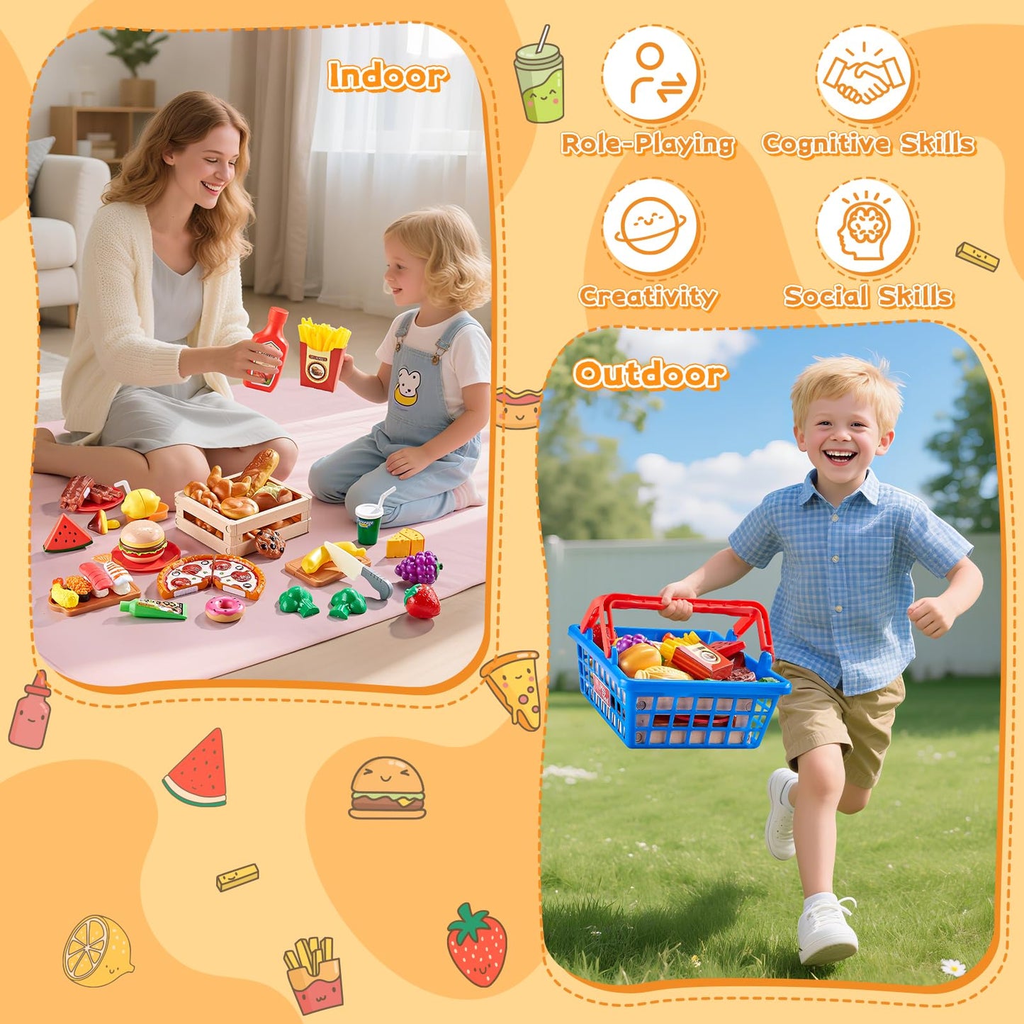 Shimfun Play Food Sets for Kids Kitchen - Global Cuisine Toddler Pretend Food with 2 Baskets