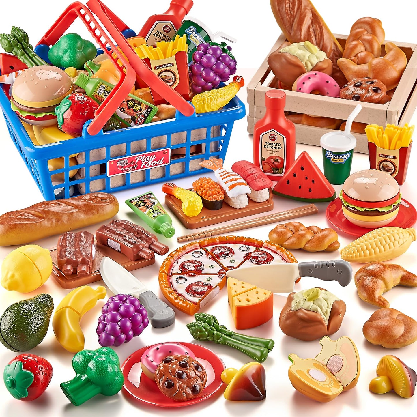 Shimfun Play Food Sets for Kids Kitchen - Global Cuisine Toddler Pretend Food with 2 Baskets