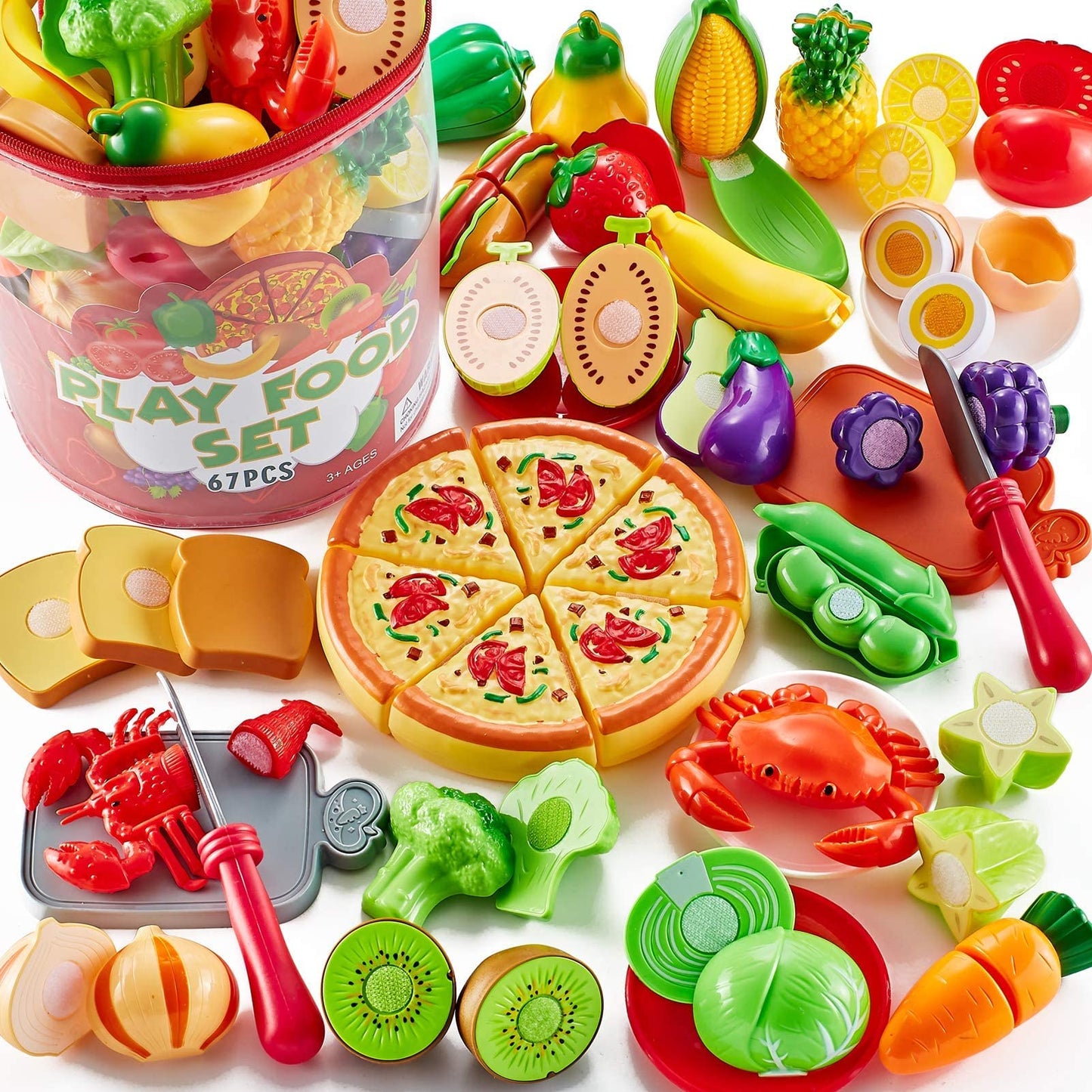 Shimirth 67pc Pretend Play Food Set for Kids – Kitchen Toys, Fruits & Veg, Pizza Toy