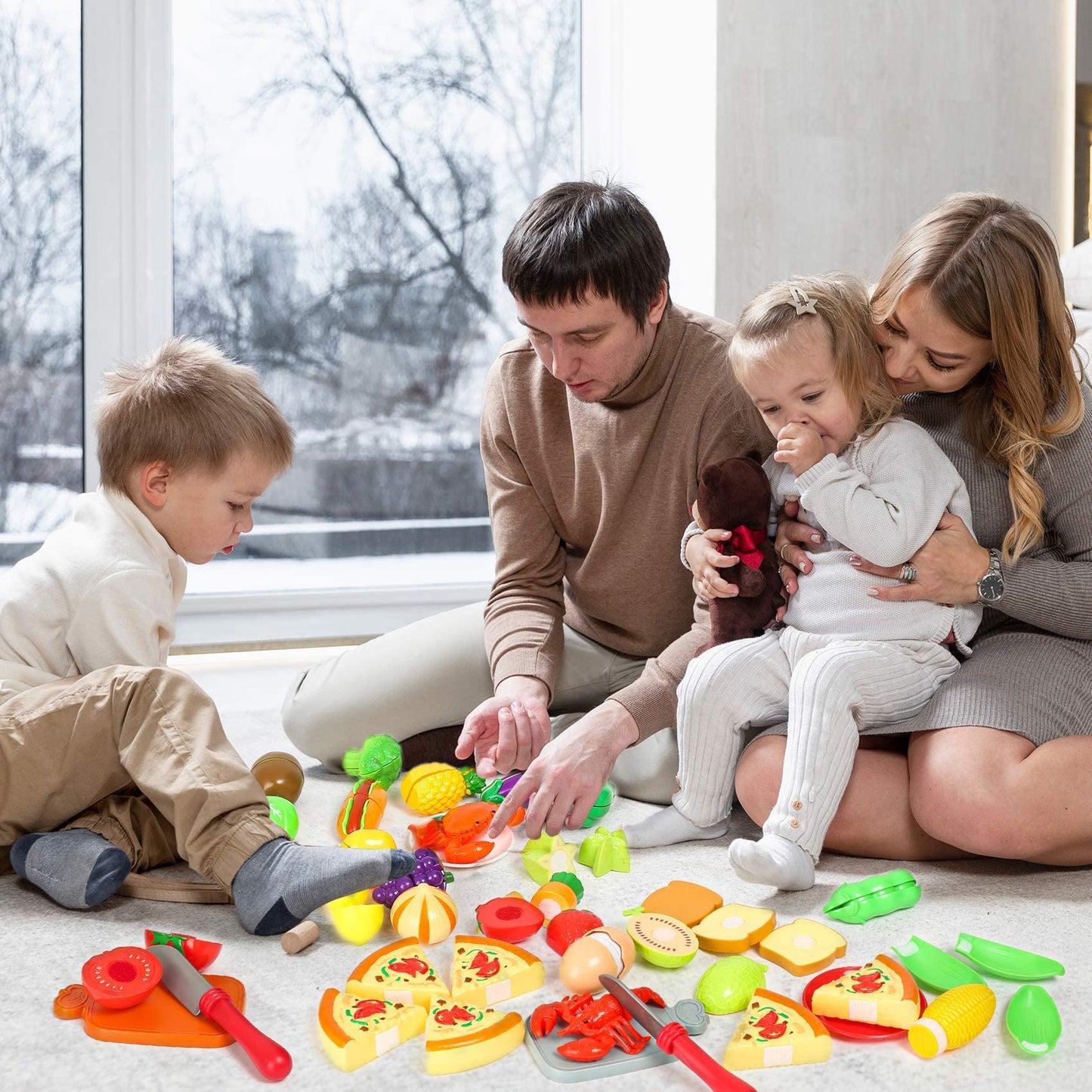 Shimirth 67pc Pretend Play Food Set for Kids – Kitchen Toys, Fruits & Veg, Pizza Toy