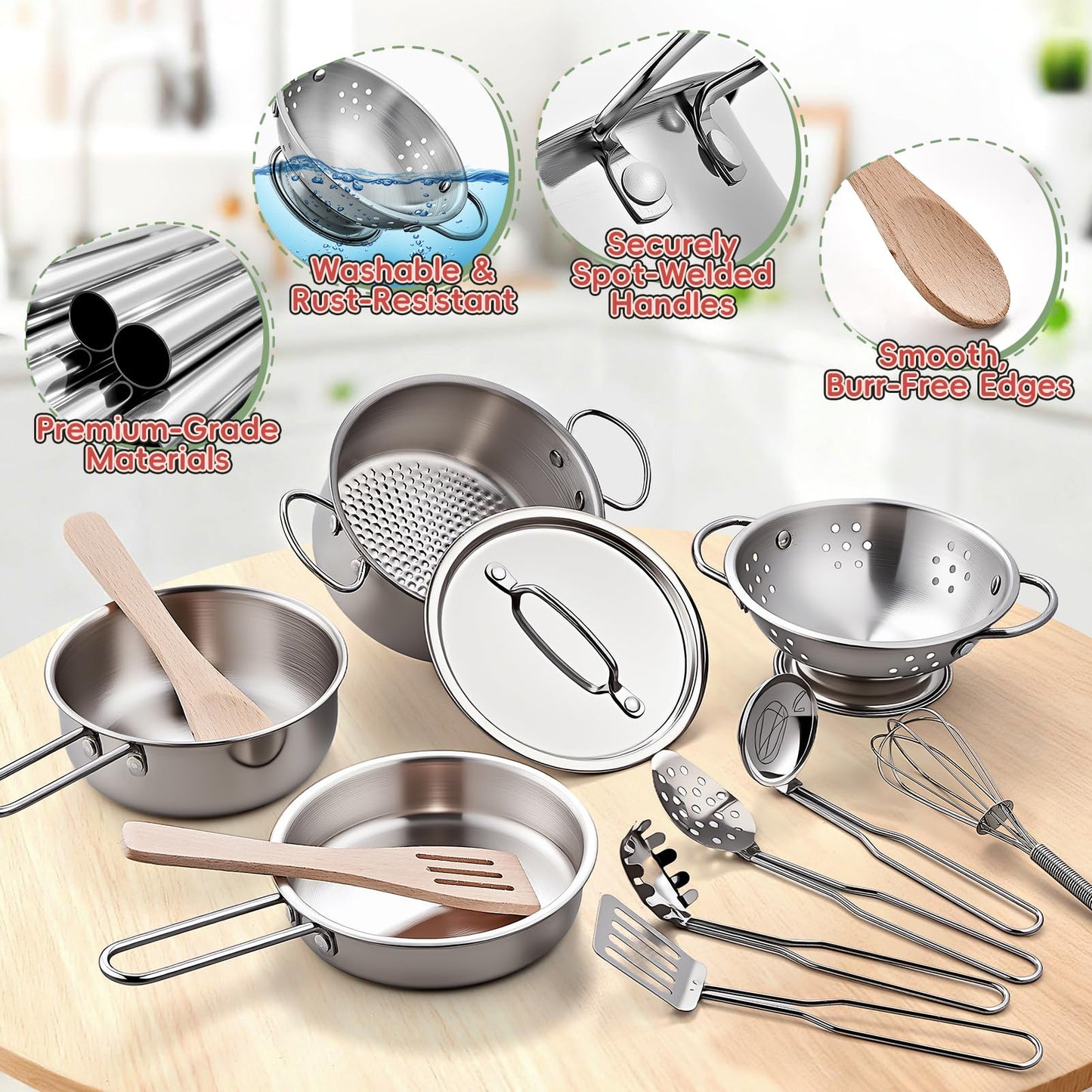 Shimirth Play Kitchen Accessories - Large Stainless Steel Toddler Cooking Set (63-Piece) | Realistic Pretend Play for Kids
