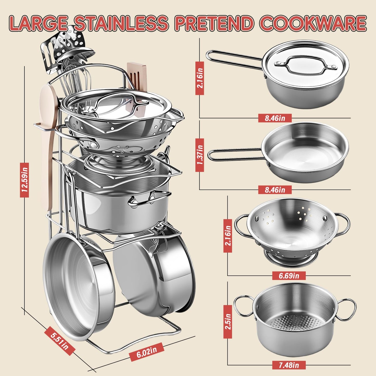 Shimirth Play Kitchen Accessories - Large Stainless Steel Toddler Cooking Set (63-Piece) | Realistic Pretend Play for Kids