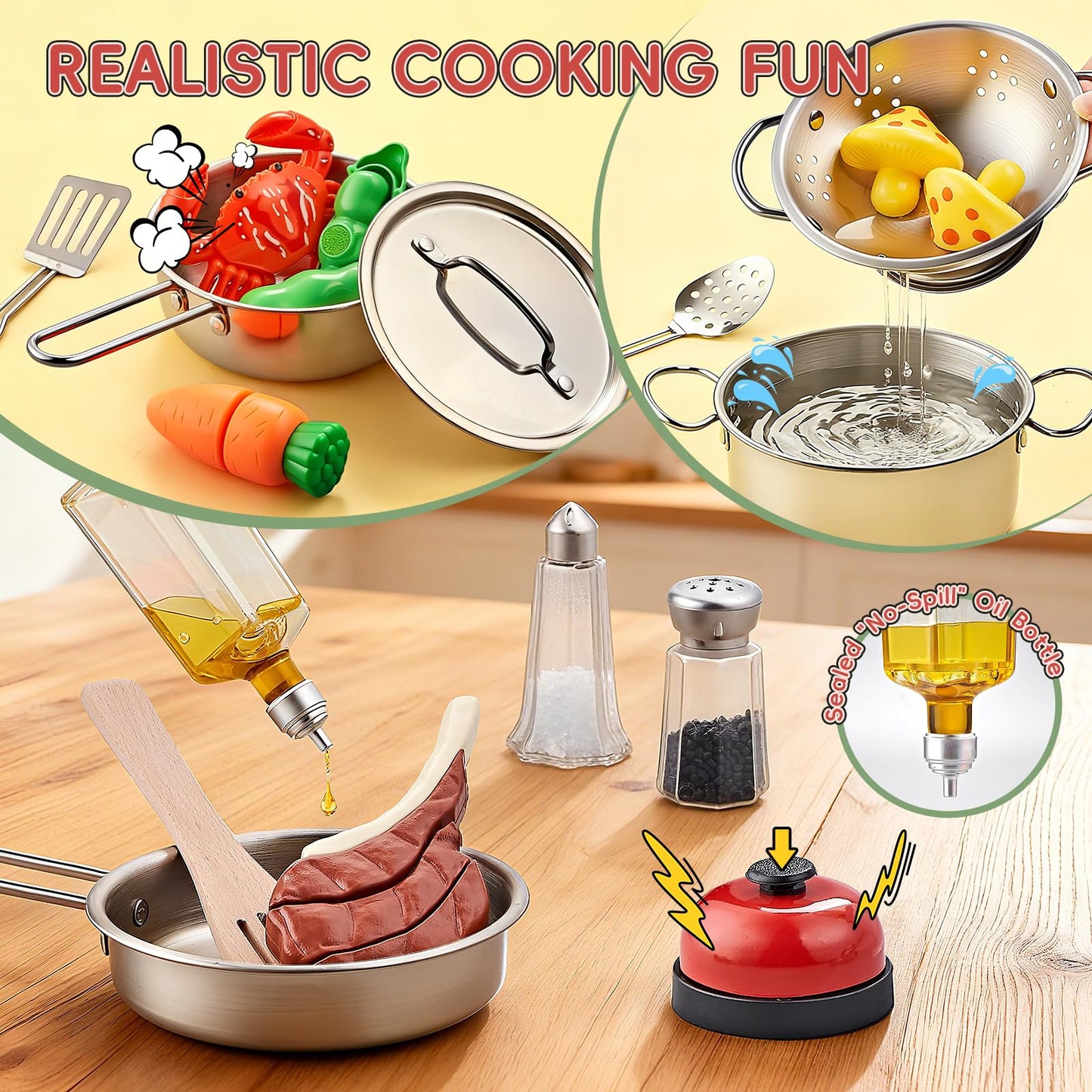 Shimirth Play Kitchen Accessories - Large Stainless Steel Toddler Cooking Set (63-Piece) | Realistic Pretend Play for Kids