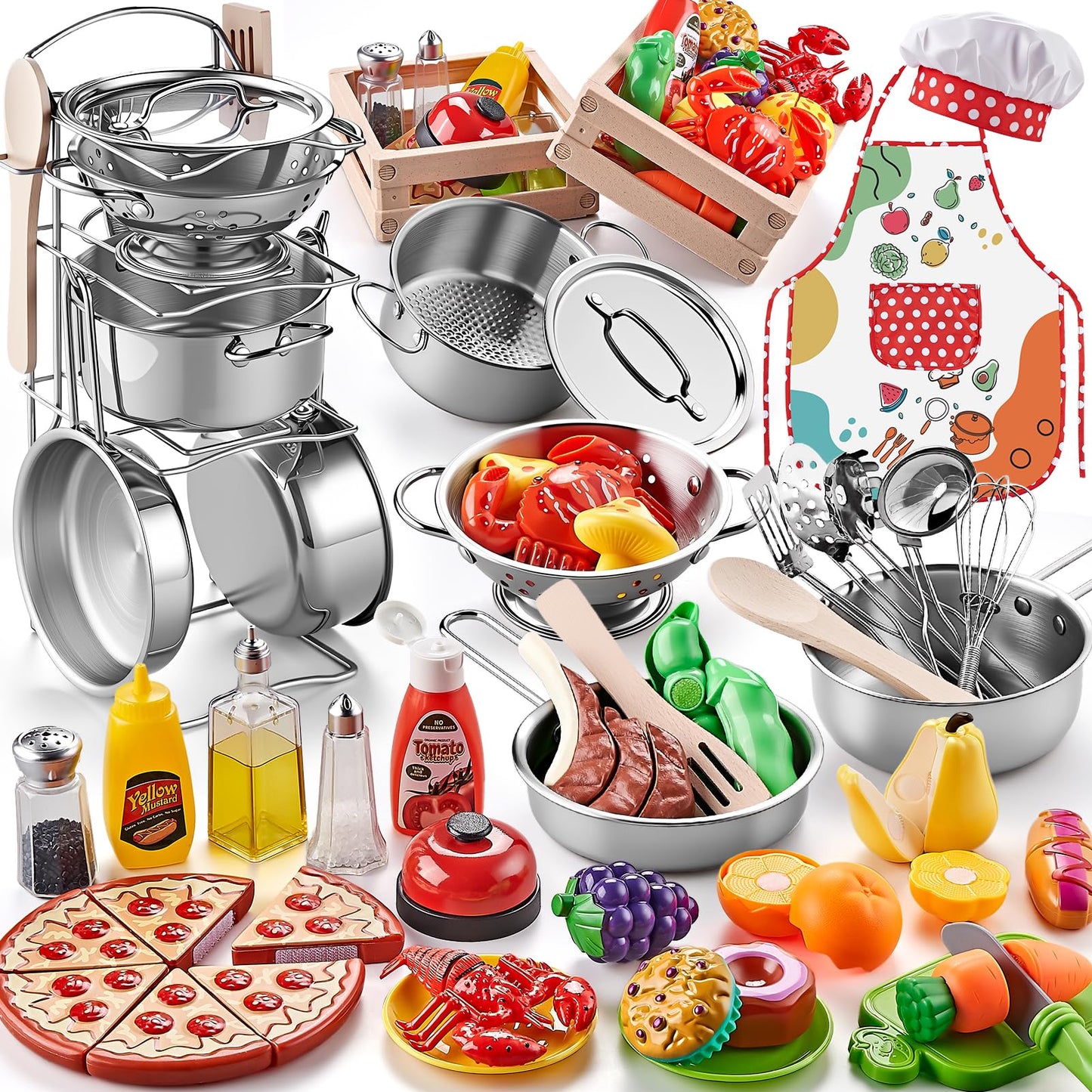 Shimirth Play Kitchen Accessories - Large Stainless Steel Toddler Cooking Set (63-Piece) | Realistic Pretend Play for Kids