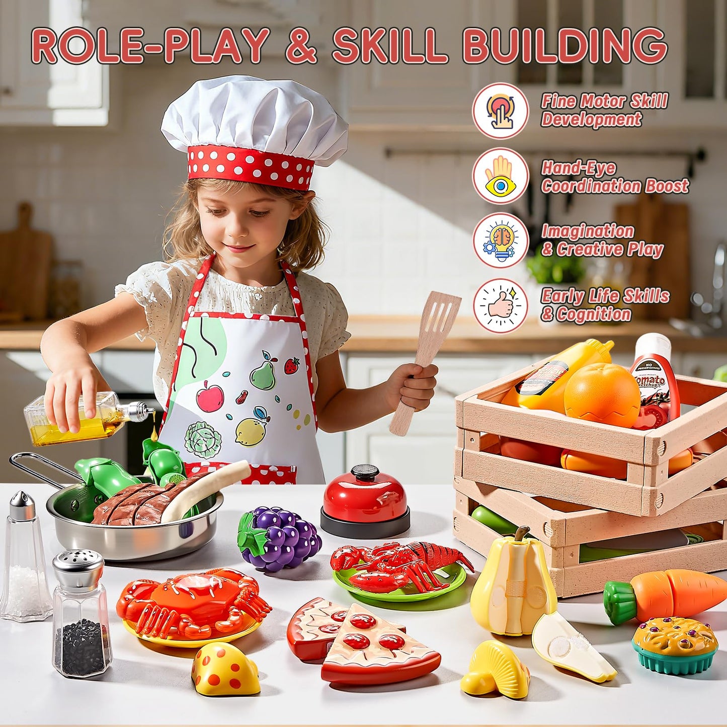 Shimirth Play Kitchen Accessories - Large Stainless Steel Toddler Cooking Set (63-Piece) | Realistic Pretend Play for Kids