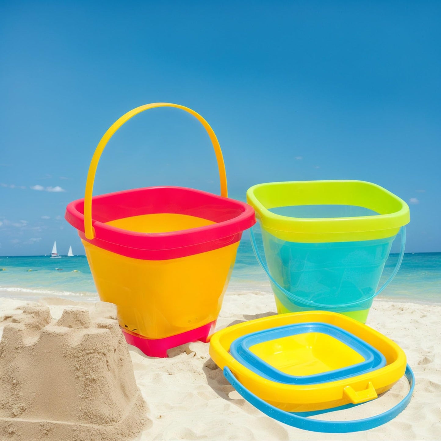 Shindel 3-Pack Foldable Pail Bucket – 2L Silicone Collapsible Beach Toys for Kids