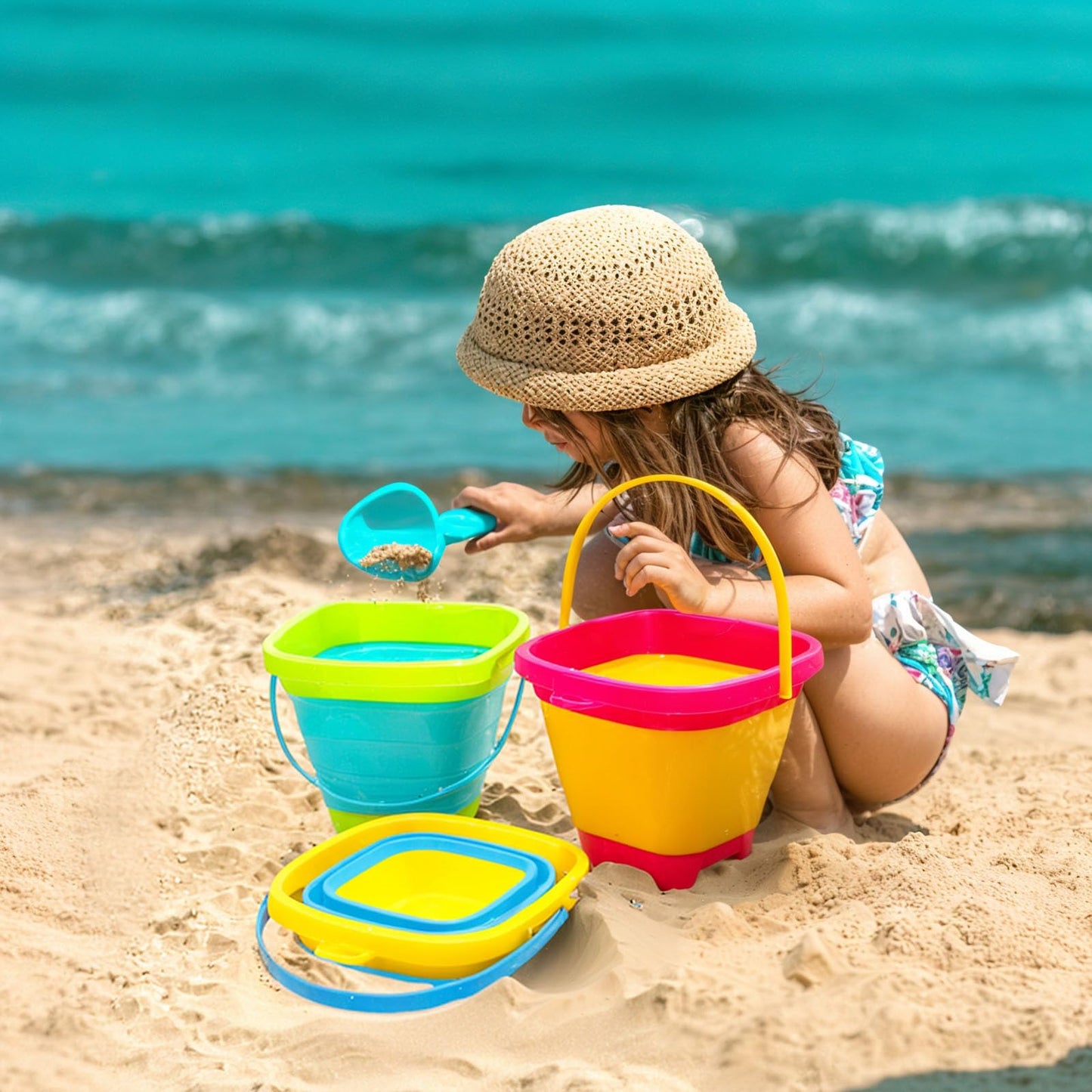 Shindel 3-Pack Foldable Pail Bucket – 2L Silicone Collapsible Beach Toys for Kids