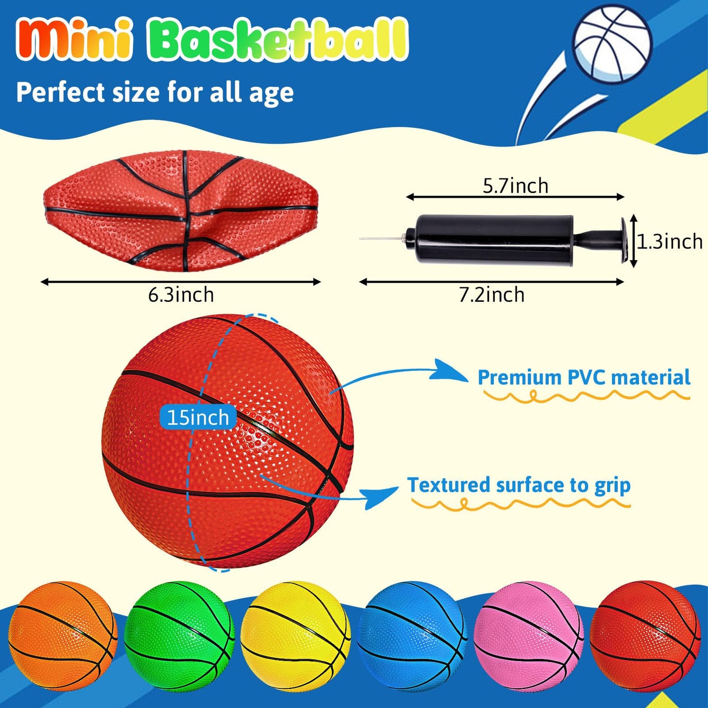Shindel Mini Basketballs 6-Pack (6.3 in) with Pump – Indoor, Outdoor & Pool Play