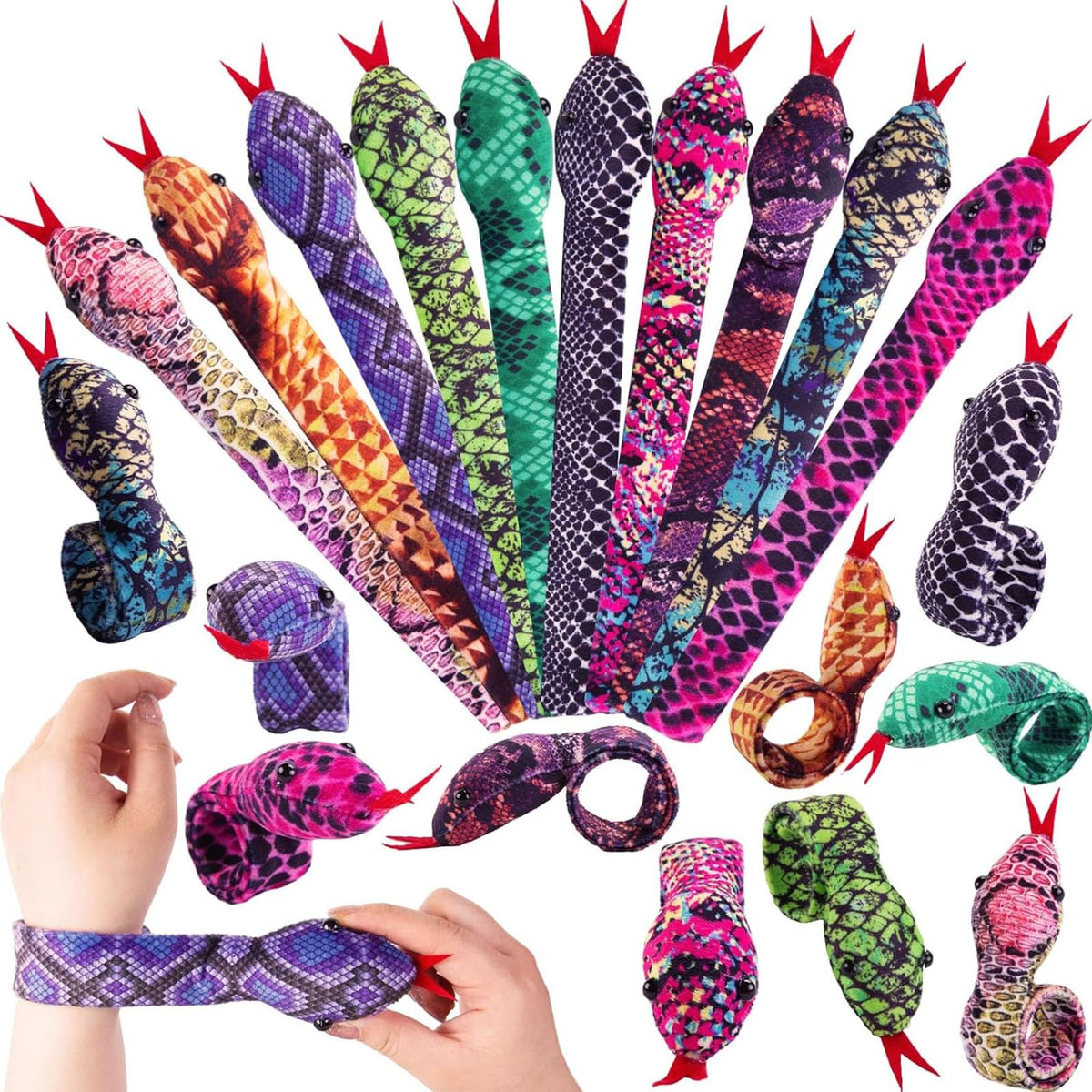 Shindel 10PCS Snake Slap Bracelets – Plush 3D Reptile Snap Bands for Parties