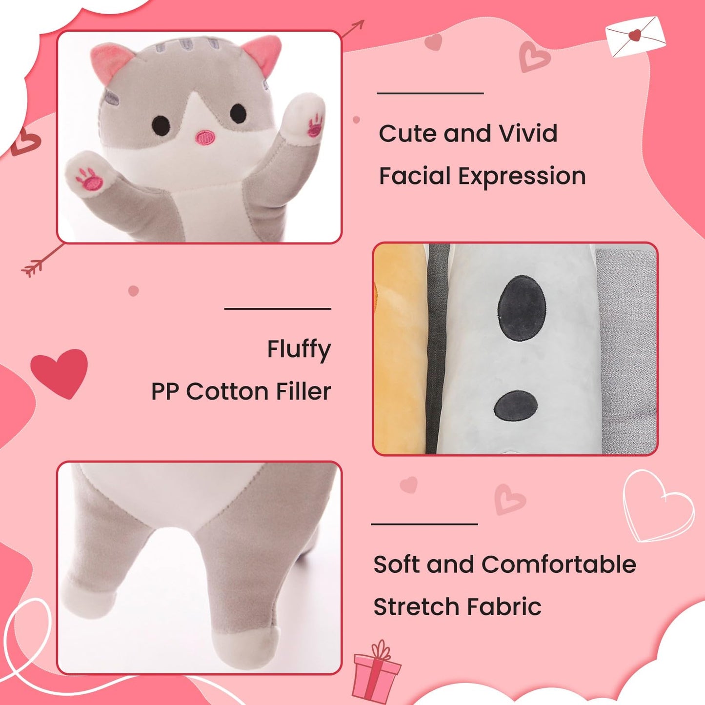 SHINUOER Cute Cat Plush Long Body Pillow – Soft Kawaii Cat Plushie, 19.7-Inch (Black)