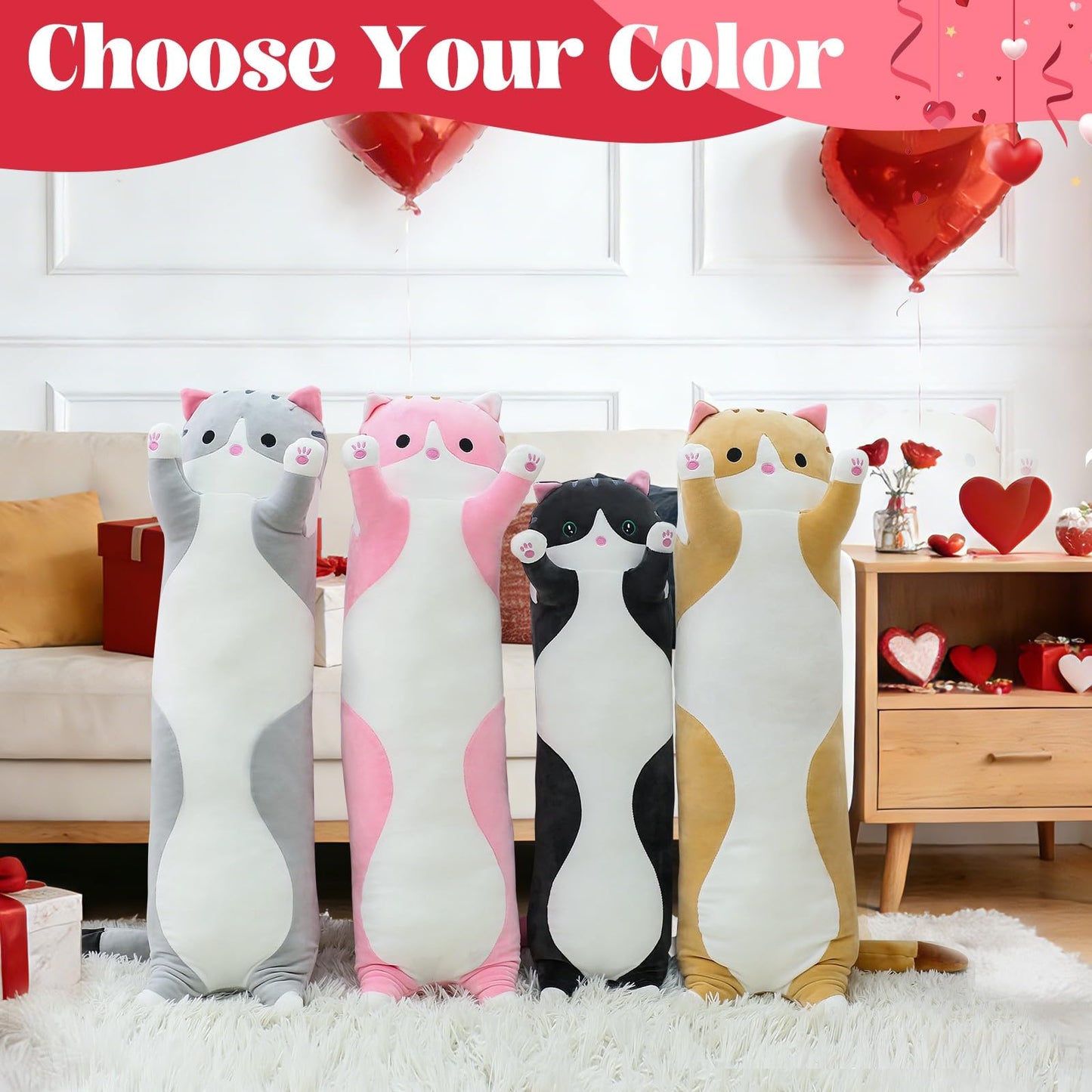 SHINUOER Cute Cat Plush Long Body Pillow – Soft Kawaii Cat Plushie, 19.7-Inch (Black)