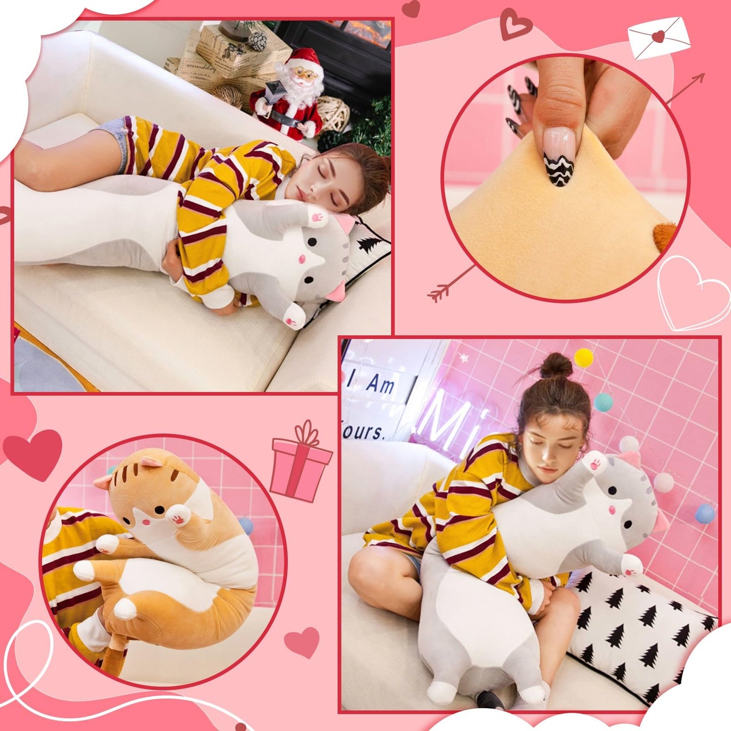 SHINUOER Cute Cat Plush Long Body Pillow – Soft Kawaii Cat Plushie, 19.7-Inch (Black)