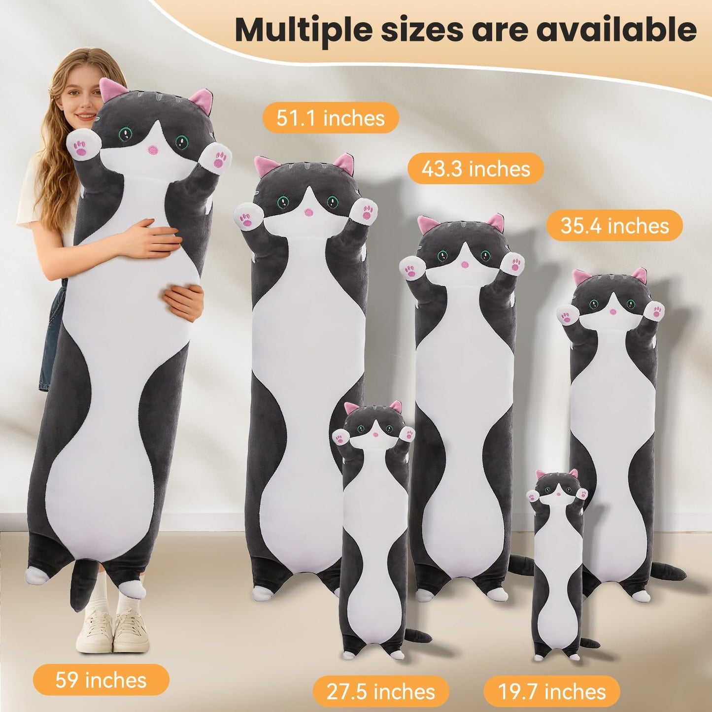 SHINUOER Cute Cat Plush Long Body Pillow – Soft Kawaii Cat Plushie, 19.7-Inch (Black)
