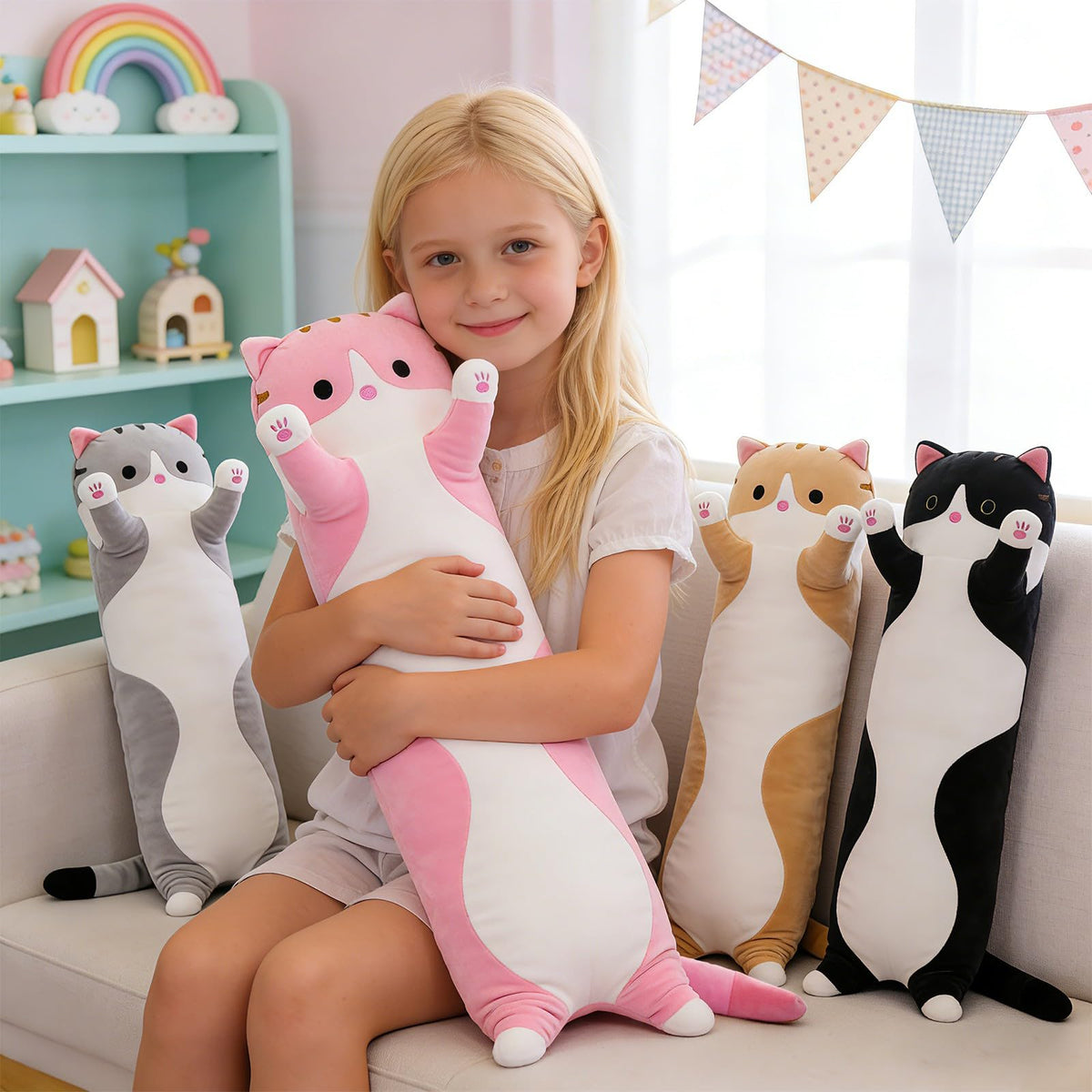 SHINUOER Cute Cat Plush Long Body Pillow – Soft Kawaii Cat Plushie, 19.7-Inch (Black)
