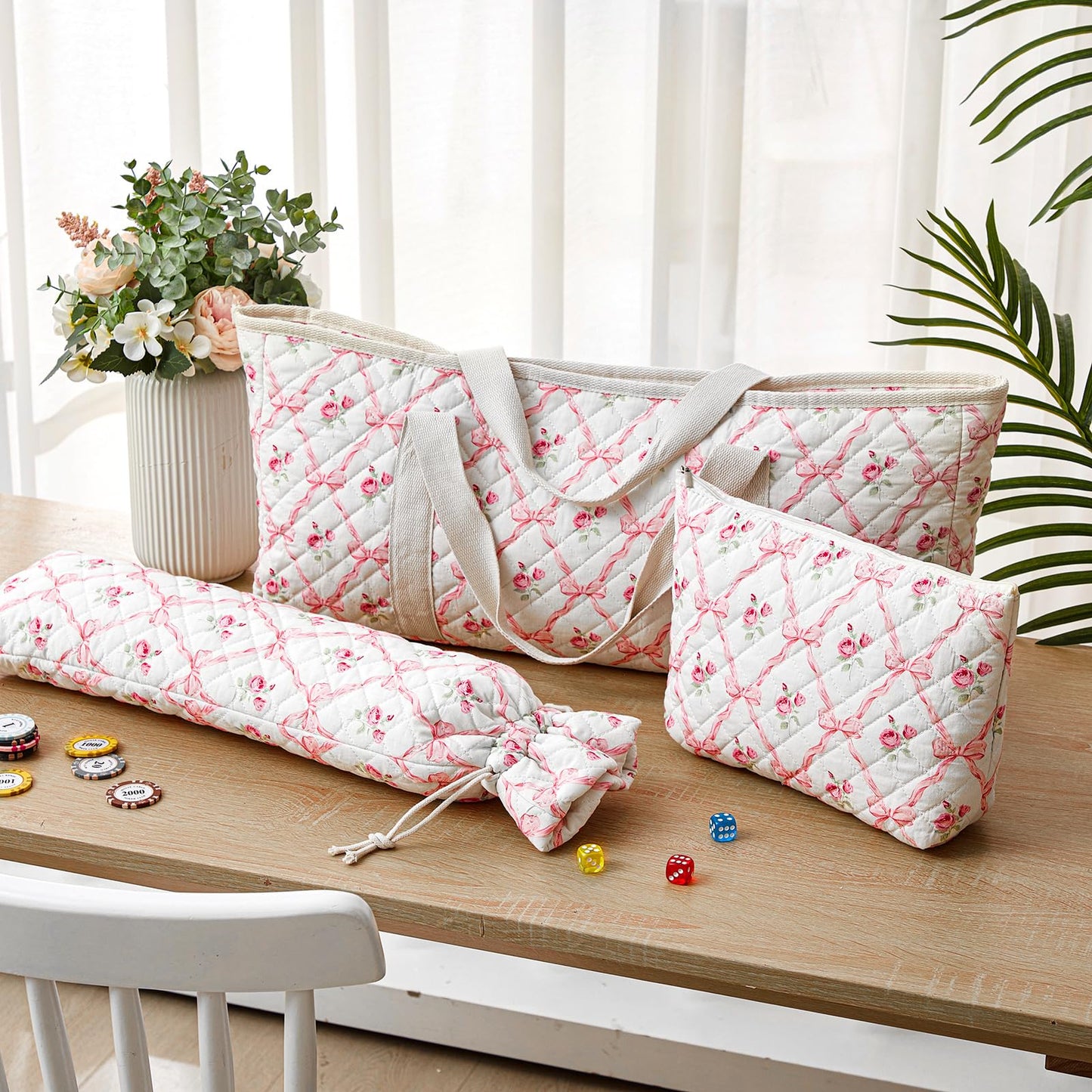 Shinylin 3 Pcs Empty Mahjong Bag Set — Pink Quilted Carrying Case (Case Only)