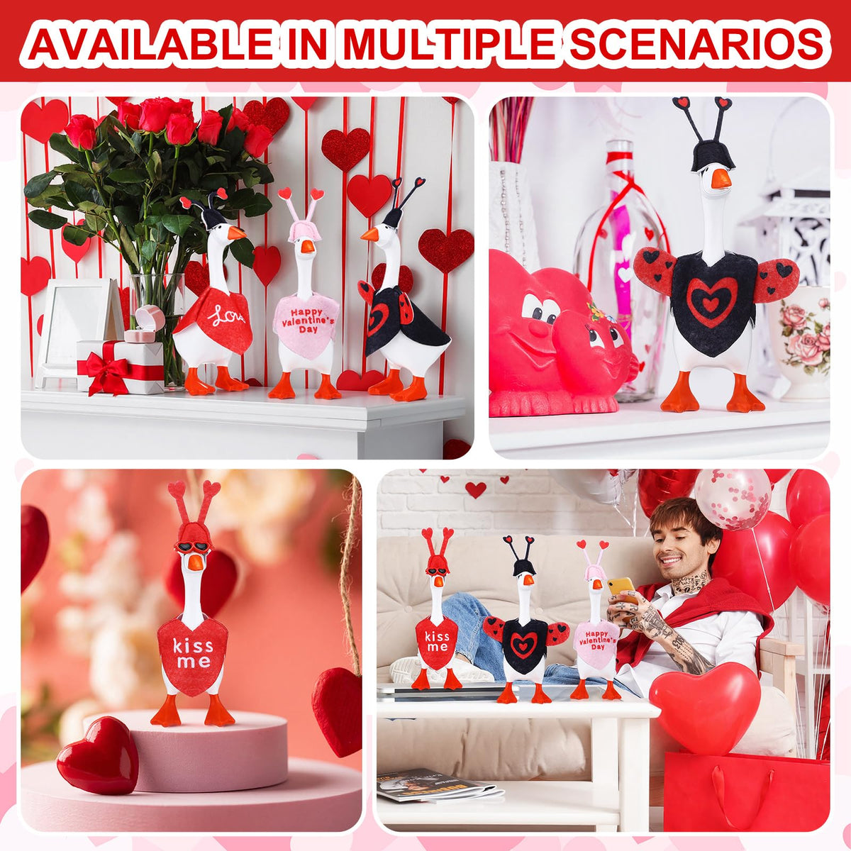 Shinylin 4‑Set Valentines Desk Goose Outfits — Heart & Love Bug Costumes for Magnetic Mini Geese