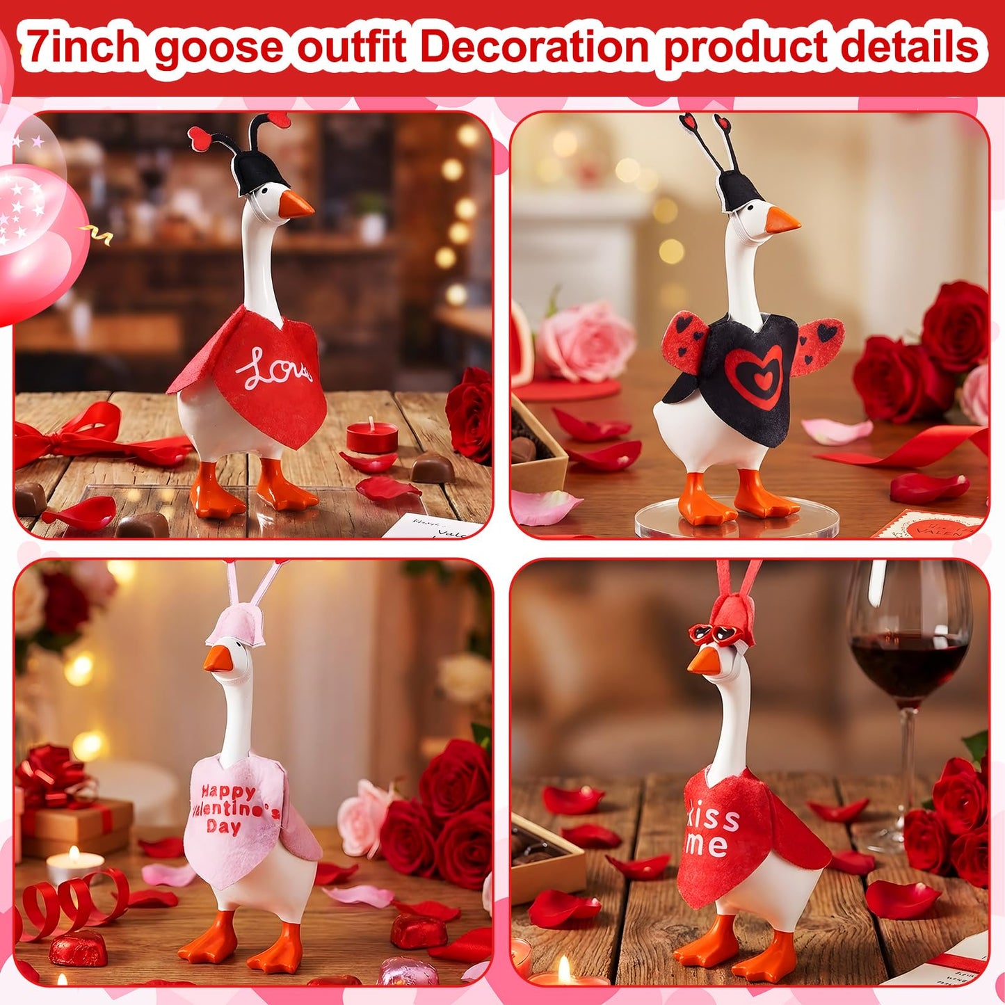 Shinylin 4‑Set Valentines Desk Goose Outfits — Heart & Love Bug Costumes for Magnetic Mini Geese