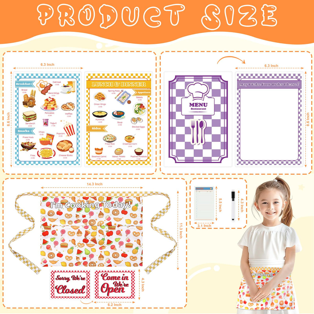 SHIQIKEJIPTY 7-Piece Restaurant Server Play Toys Set – Pretend Play Menu, Apron & Dress Up for Kids
