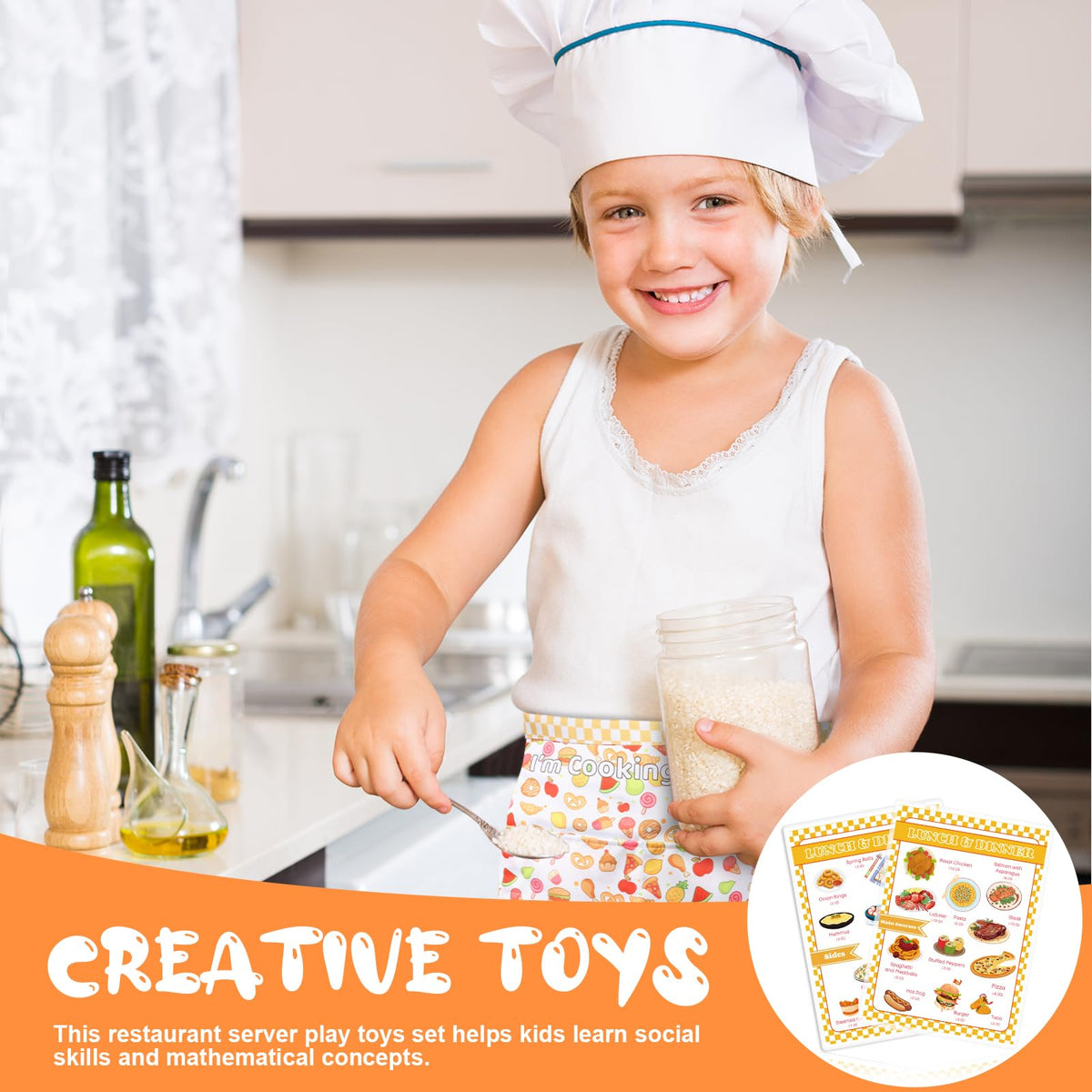 SHIQIKEJIPTY 7-Piece Restaurant Server Play Toys Set – Pretend Play Menu, Apron & Dress Up for Kids