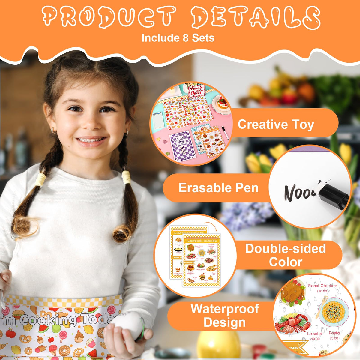 SHIQIKEJIPTY 7-Piece Restaurant Server Play Toys Set – Pretend Play Menu, Apron & Dress Up for Kids