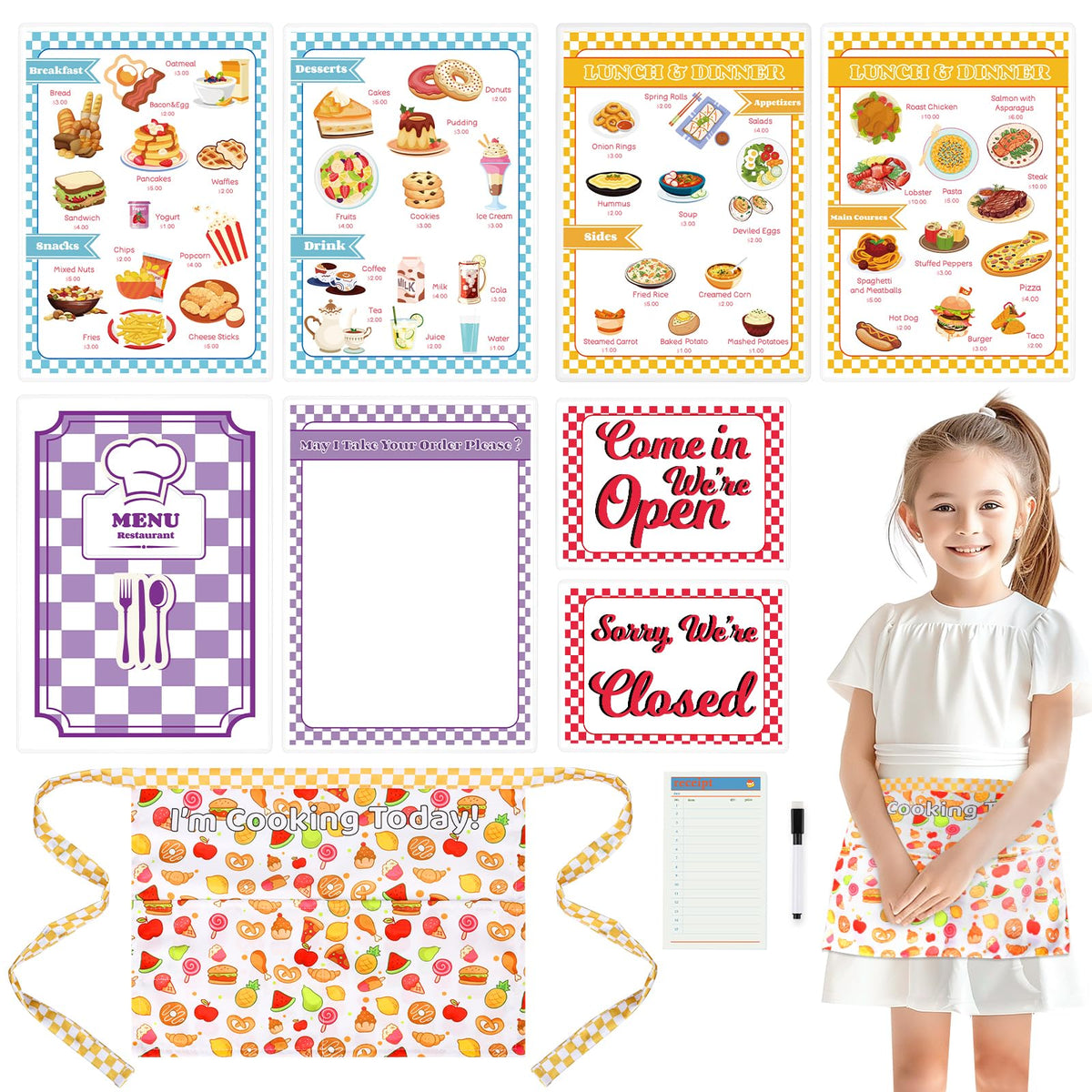 SHIQIKEJIPTY 7-Piece Restaurant Server Play Toys Set – Pretend Play Menu, Apron & Dress Up for Kids