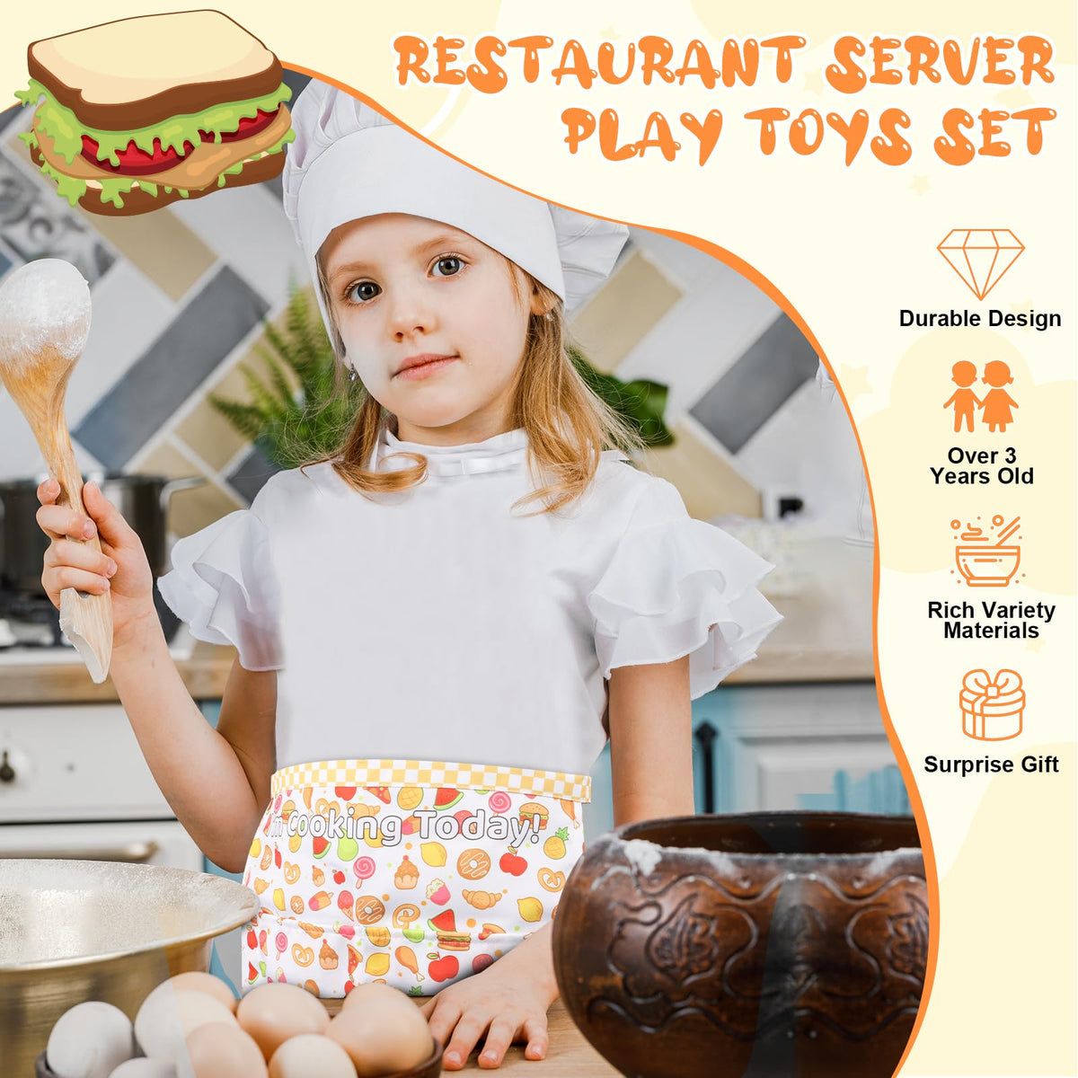 SHIQIKEJIPTY 7-Piece Restaurant Server Play Toys Set – Pretend Play Menu, Apron & Dress Up for Kids