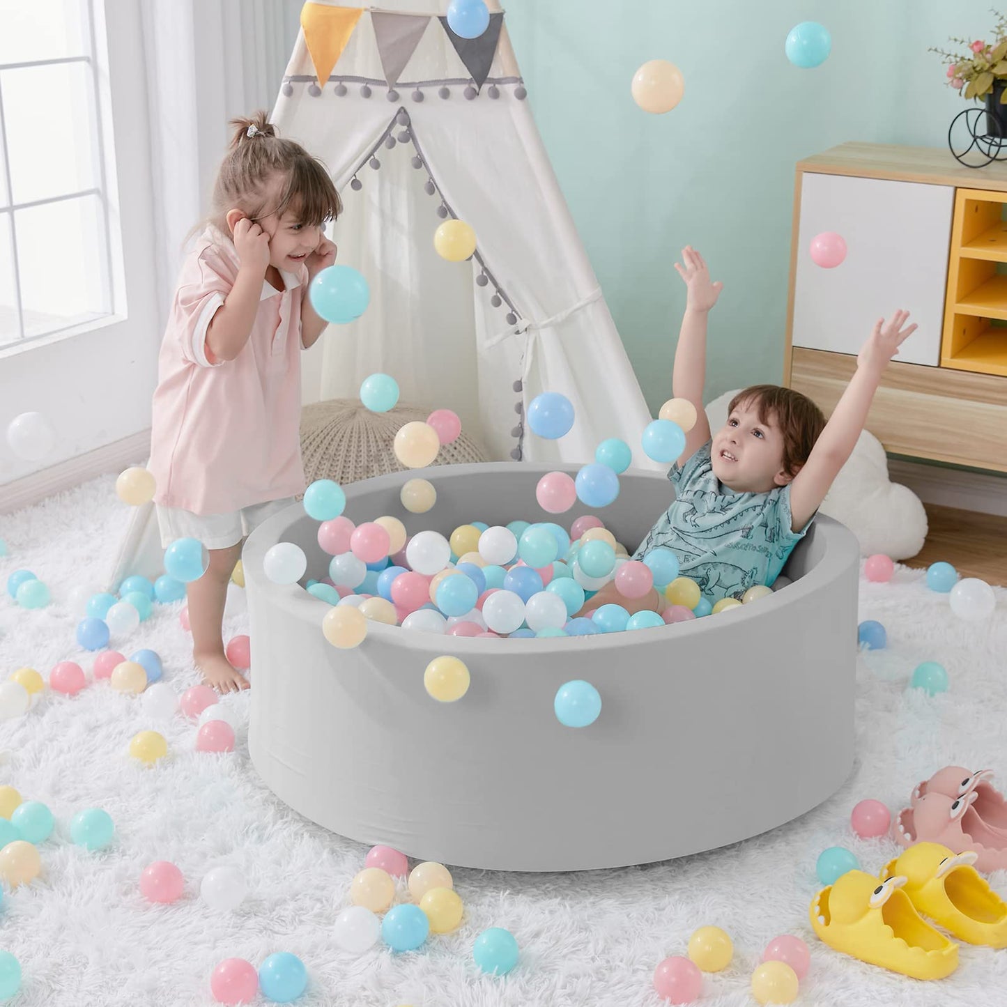 SHJADE Foam Ball Pit — 35.4 x 11.8 in Soft Indoor Playpen for Toddlers (Grey)