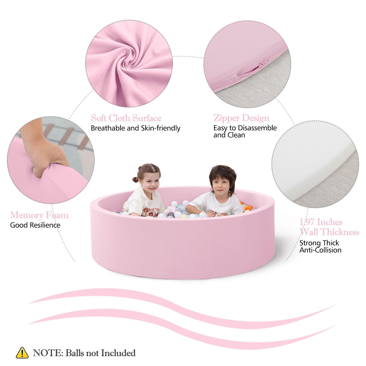 SHJADE Pink Foam Ball Pit 47.2 x 13.8 in  Large Soft Playpen for Toddlers
