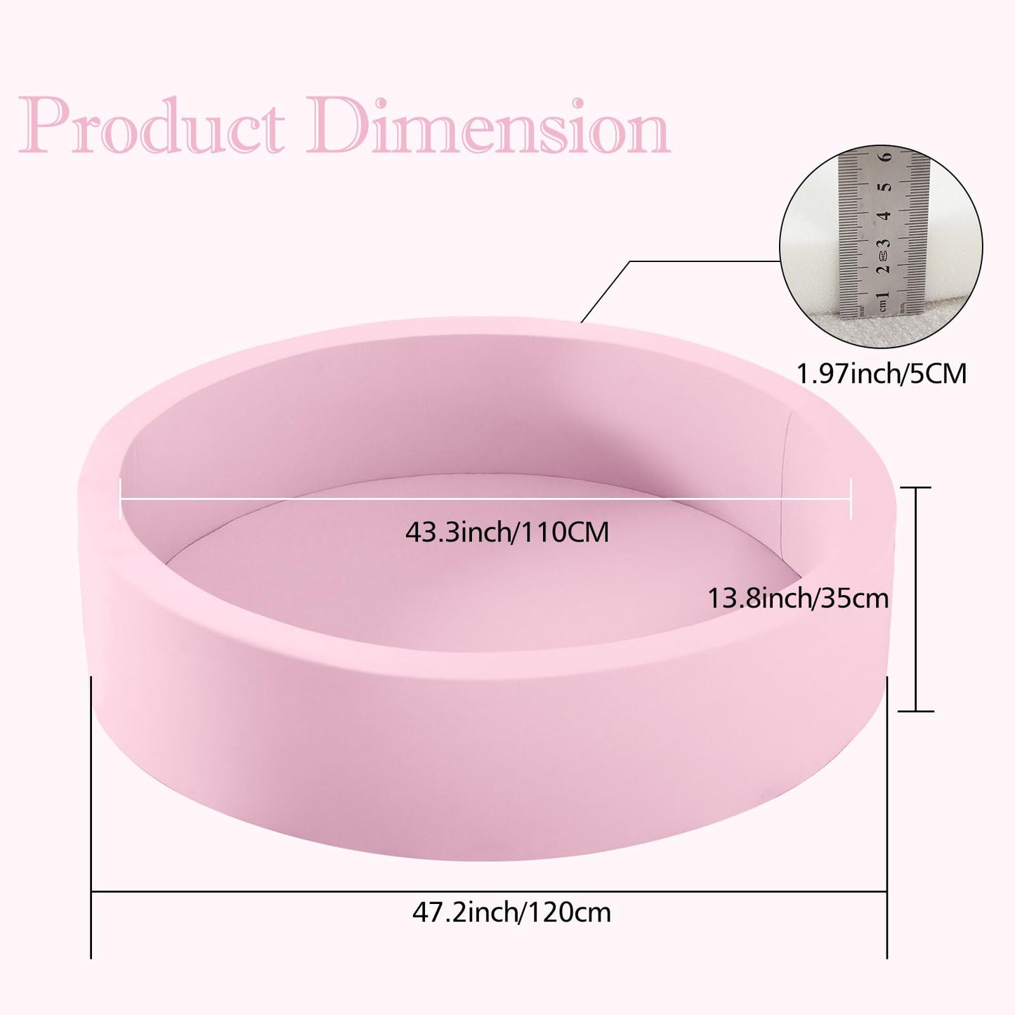 SHJADE Pink Foam Ball Pit 47.2 x 13.8 in  Large Soft Playpen for Toddlers
