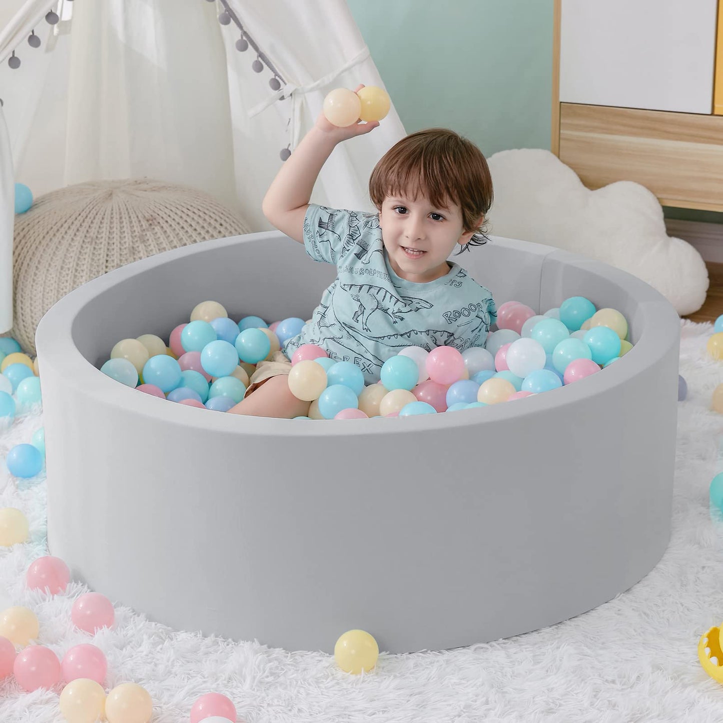 SHJADE Foam Ball Pit — 35.4 x 11.8 in Soft Indoor Playpen for Toddlers (Grey)
