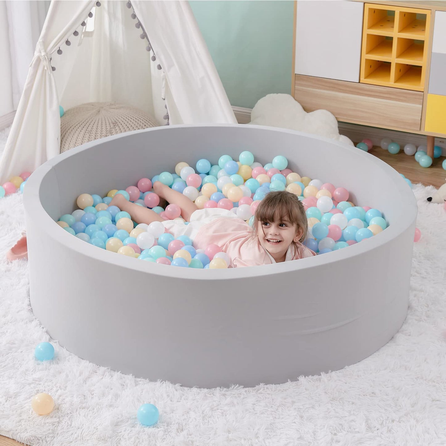 SHJADE Foam Ball Pit – Large 47.2x13.8 in for Toddlers, Grey (Balls Not Included)