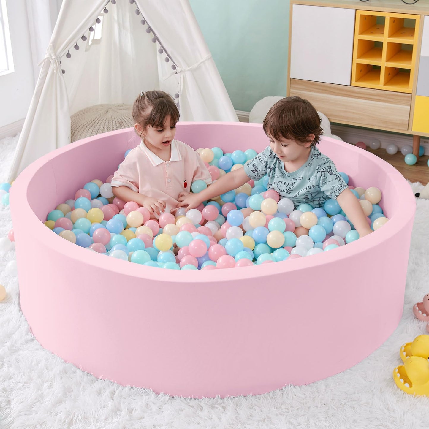 SHJADE Pink Foam Ball Pit 47.2 x 13.8 in  Large Soft Playpen for Toddlers