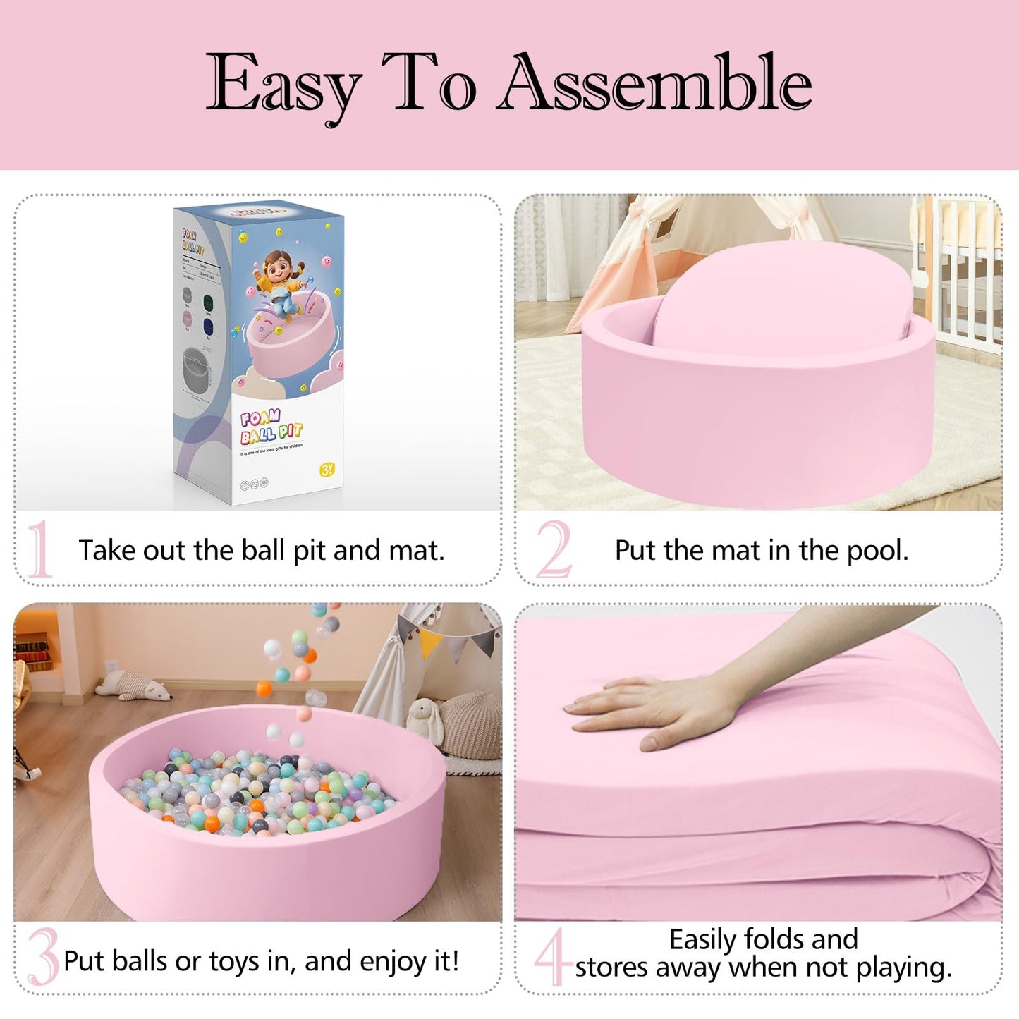 SHJADE Ball Pit for Toddlers – Pink Foam Playpen, 35.4 x 11.8 in, Indoor Soft Round Play Area