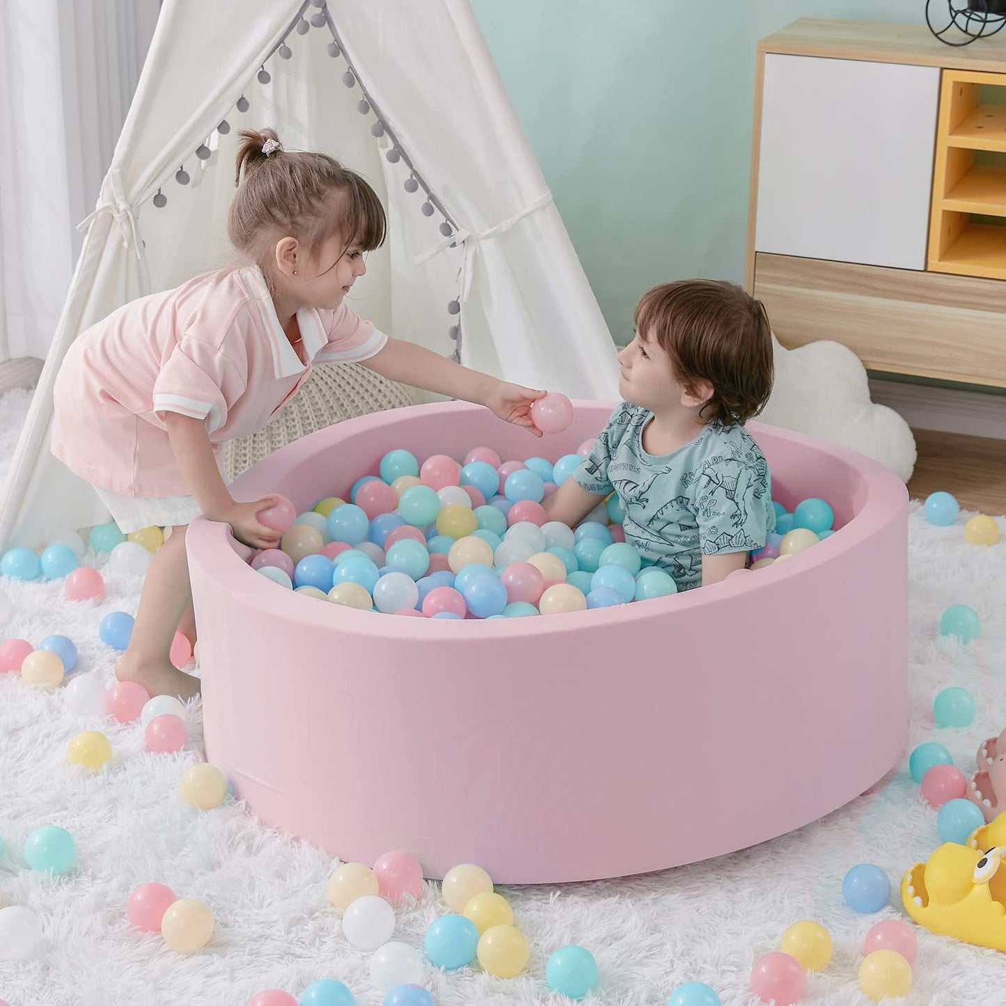 SHJADE Ball Pit for Toddlers – Pink Foam Playpen, 35.4 x 11.8 in, Indoor Soft Round Play Area
