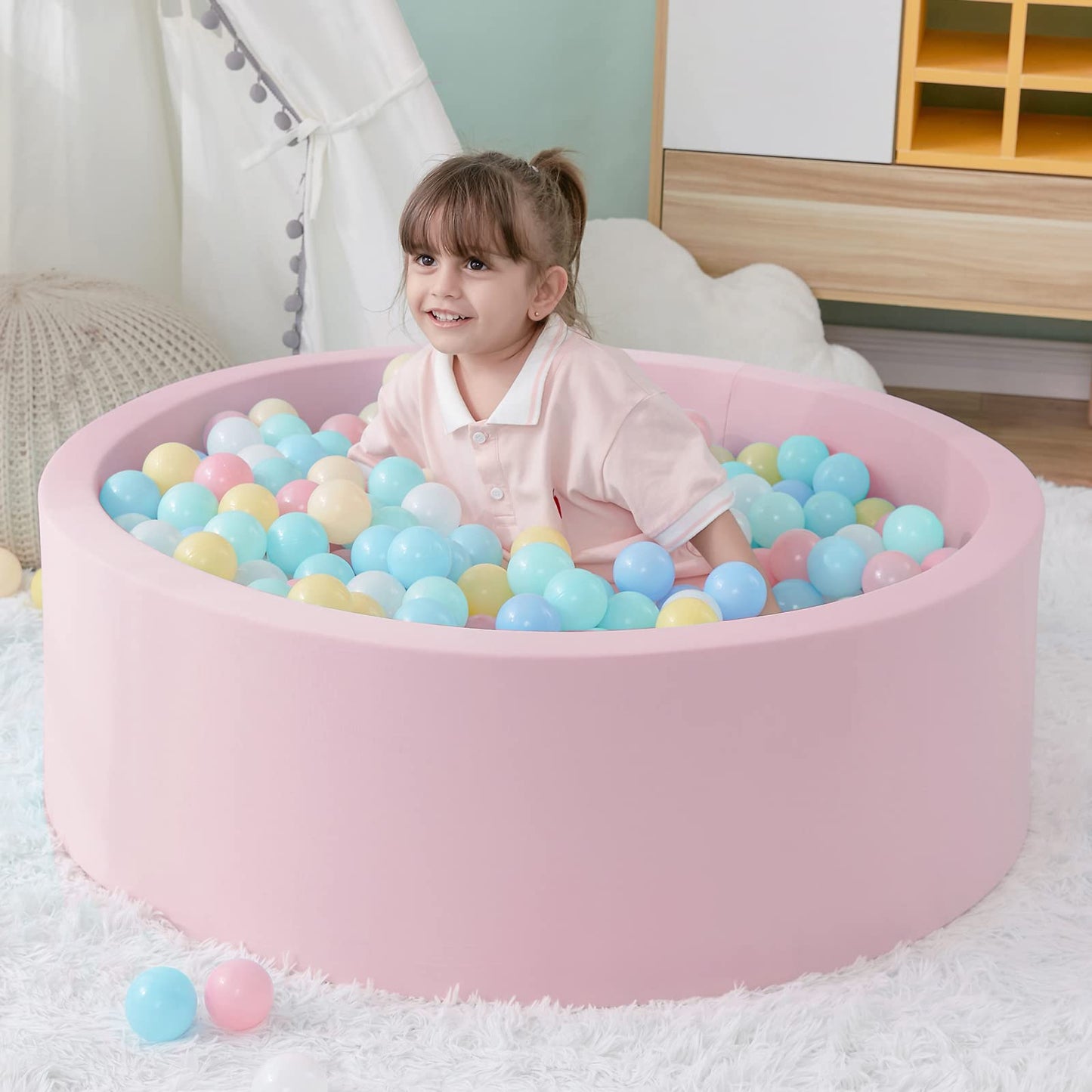 SHJADE Ball Pit for Toddlers – Pink Foam Playpen, 35.4 x 11.8 in, Indoor Soft Round Play Area