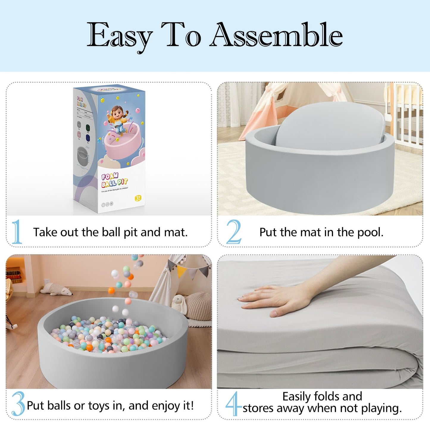 SHJADE Foam Ball Pit — 35.4 x 11.8 in Soft Indoor Playpen for Toddlers (Grey)