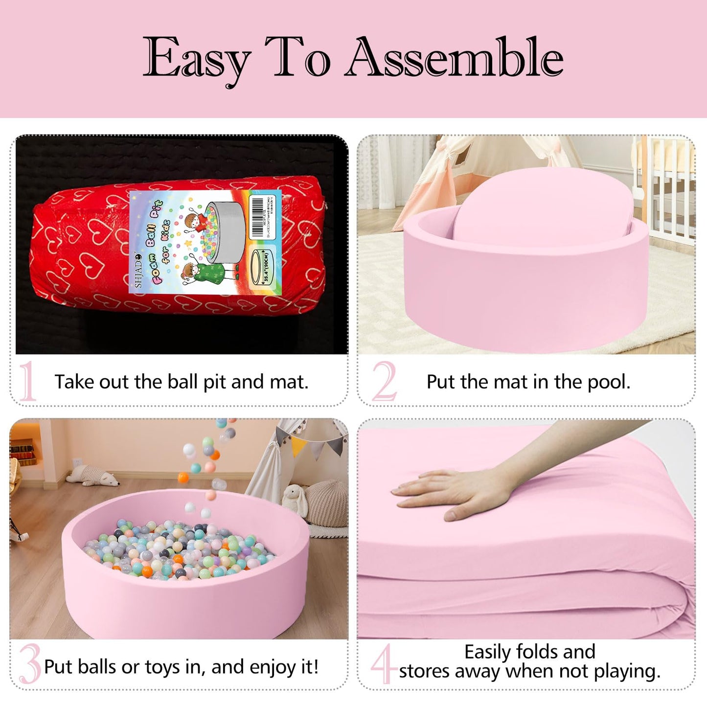 SHJADE Pink Foam Ball Pit 47.2 x 13.8 in  Large Soft Playpen for Toddlers