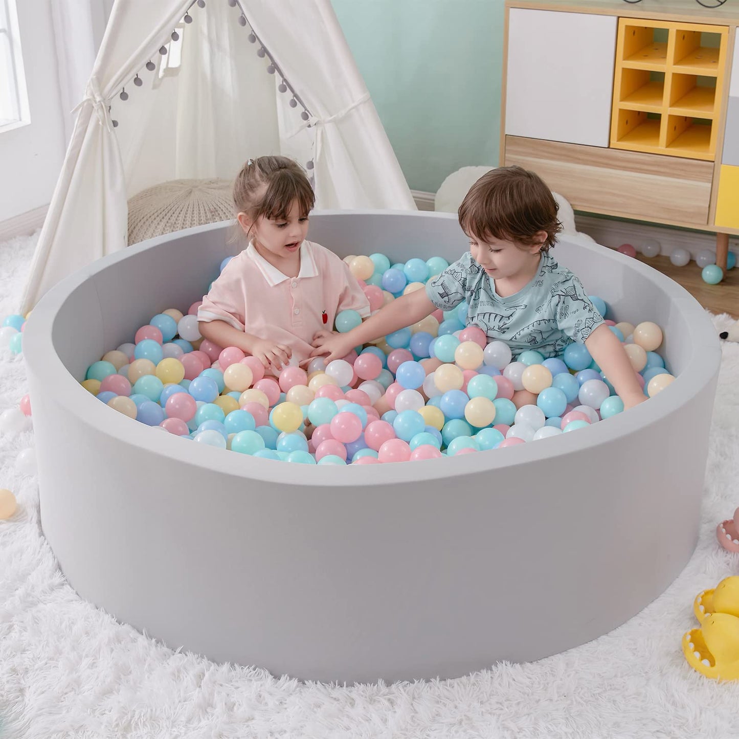 SHJADE Foam Ball Pit – Large 47.2x13.8 in for Toddlers, Grey (Balls Not Included)