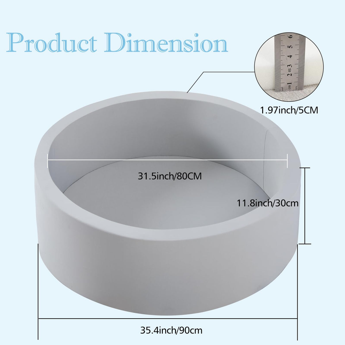 SHJADE Foam Ball Pit — 35.4 x 11.8 in Soft Indoor Playpen for Toddlers (Grey)