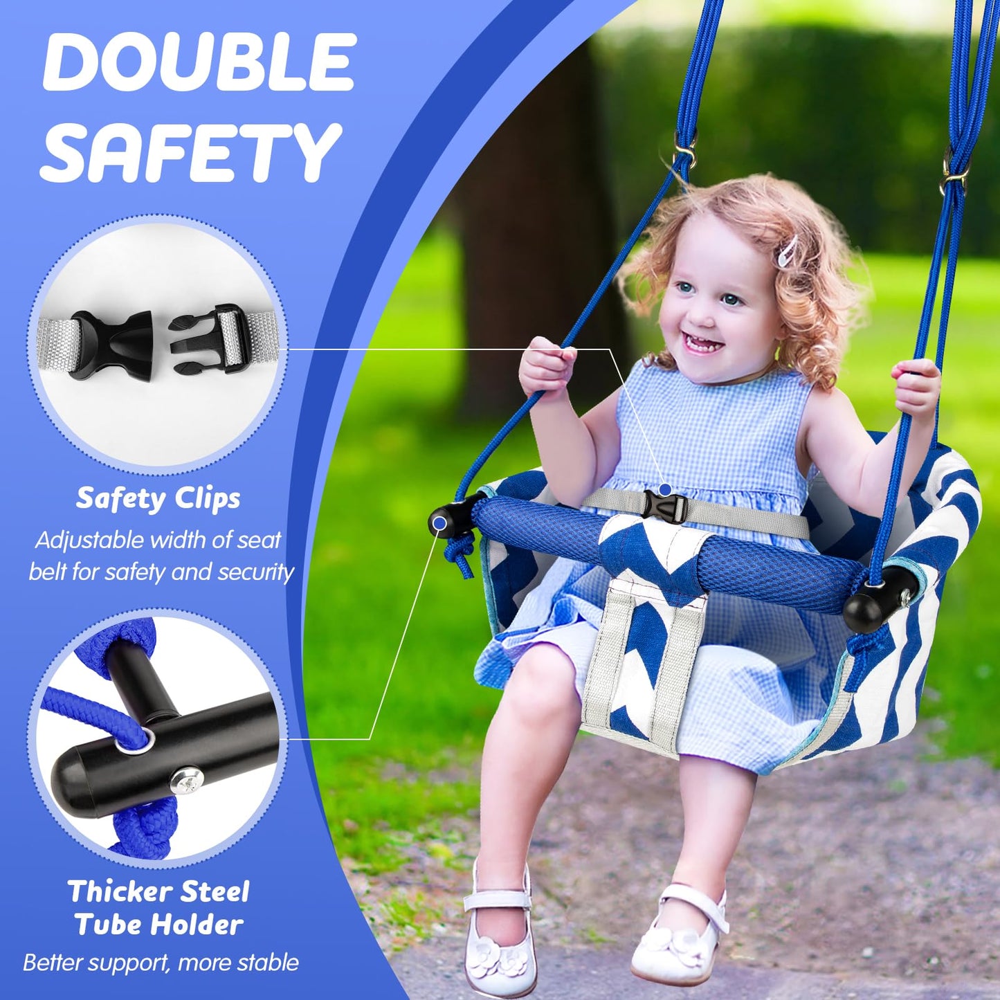 Shker Toddler Swing – Comfy Indoor/Outdoor Baby Swing with Adjustable Rope (Blue)
