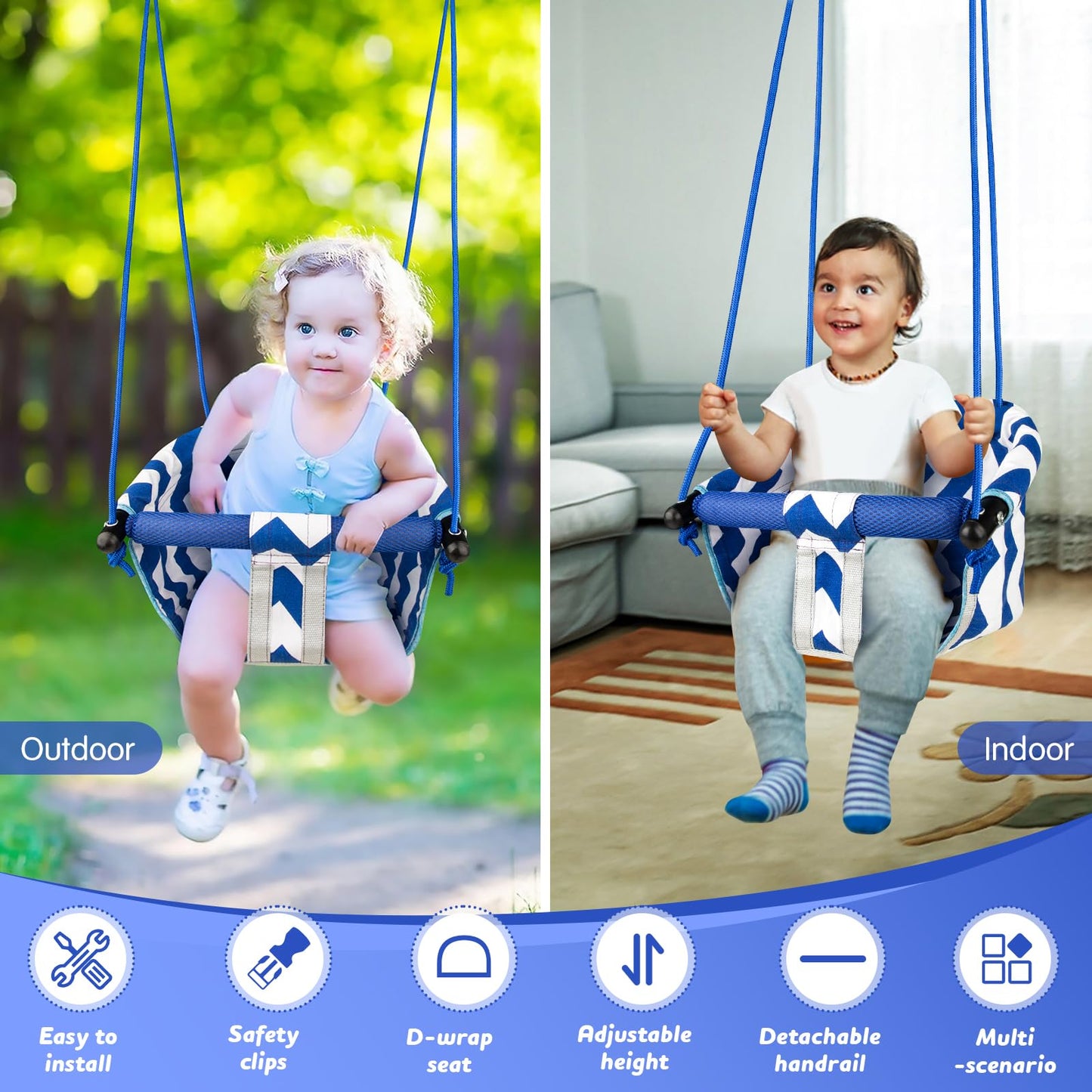 Shker Toddler Swing – Comfy Indoor/Outdoor Baby Swing with Adjustable Rope (Blue)
