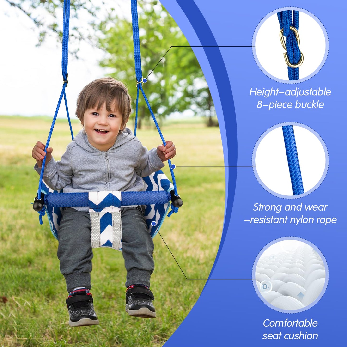 Shker Toddler Swing – Comfy Indoor/Outdoor Baby Swing with Adjustable Rope (Blue)