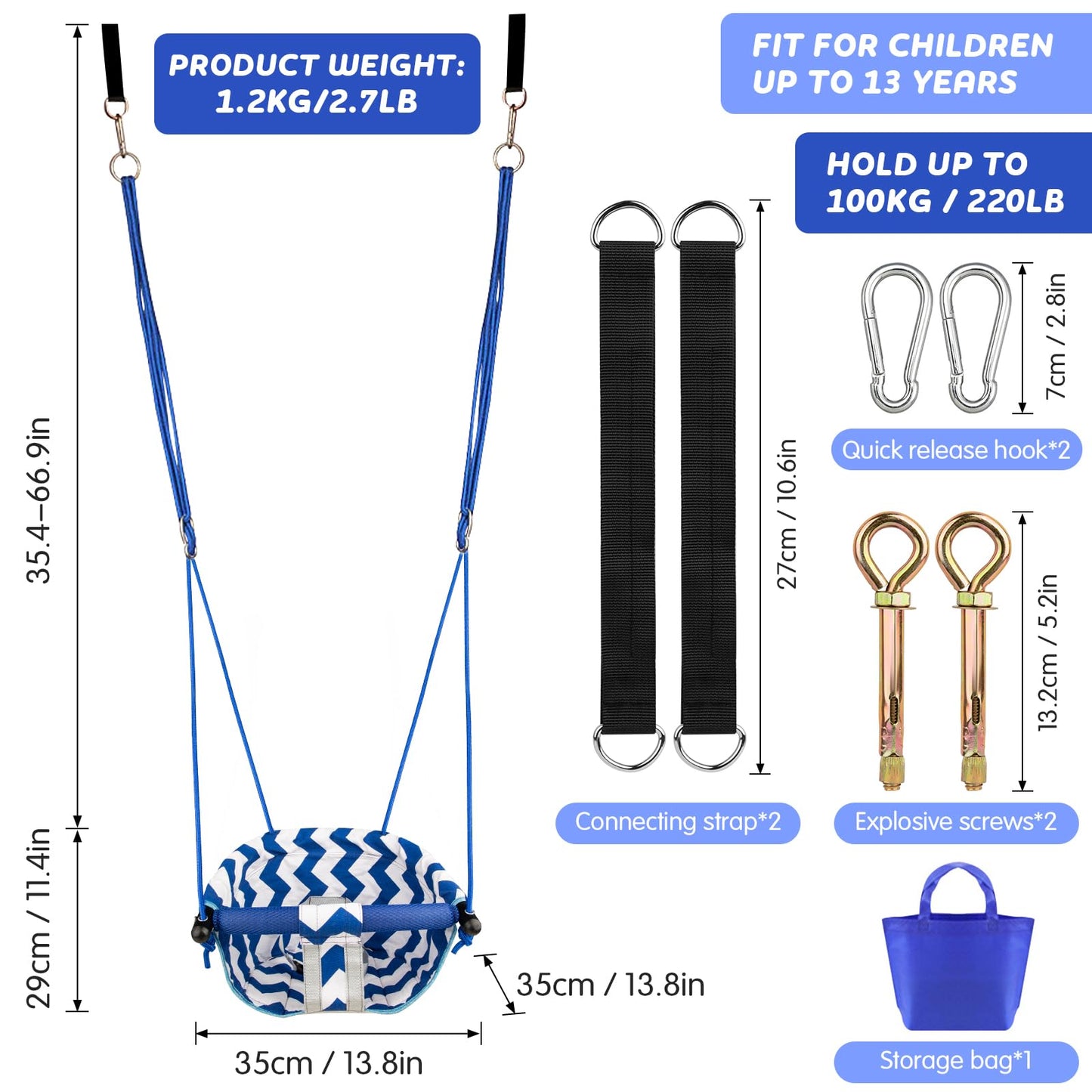 Shker Toddler Swing – Comfy Indoor/Outdoor Baby Swing with Adjustable Rope (Blue)
