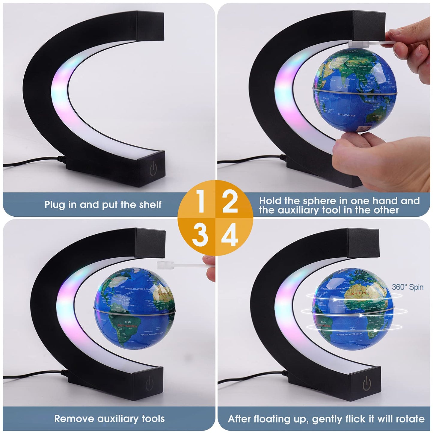 Shoclematirul Floating Globe with LED Lights – Magnetic Levitation World Map (Blue)