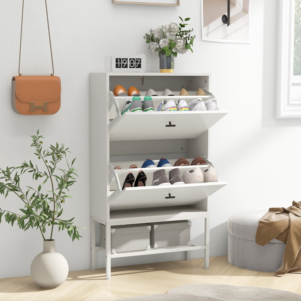 Shoe Storage Cabinet with 2 Flip Drawers and Adjustable and Removable Shelves-Rustic Brown