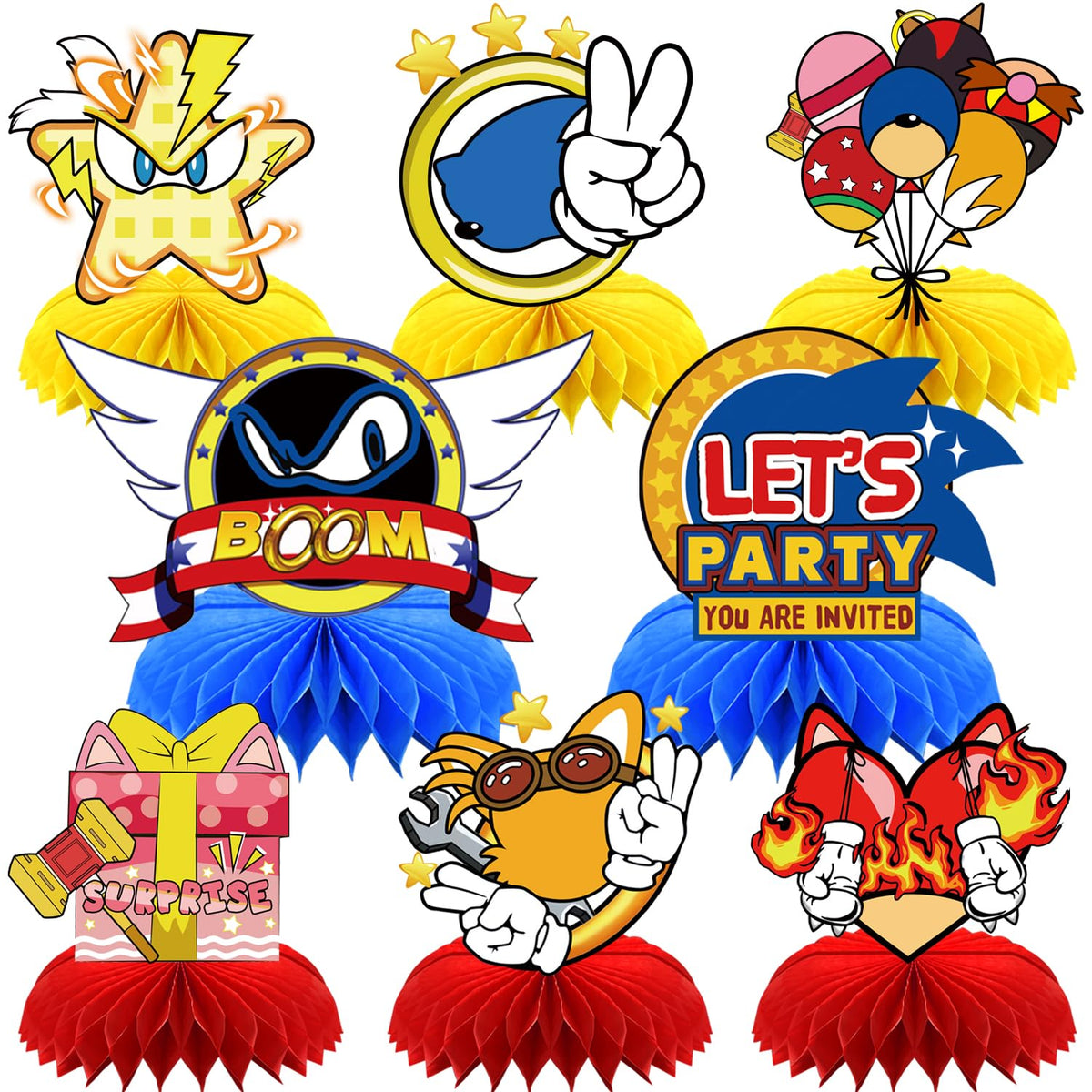 SHONHONG 8Pcs Blue Hedgehog Honeycomb Centerpieces – Double-Sided Birthday Table Decor
