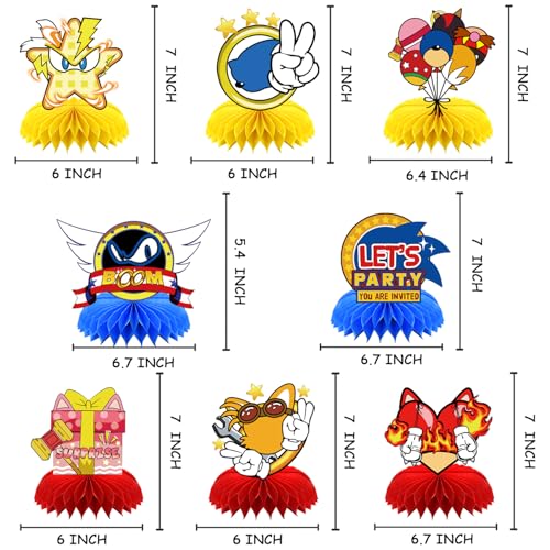 SHONHONG 8Pcs Blue Hedgehog Honeycomb Centerpieces – Double-Sided Birthday Table Decor