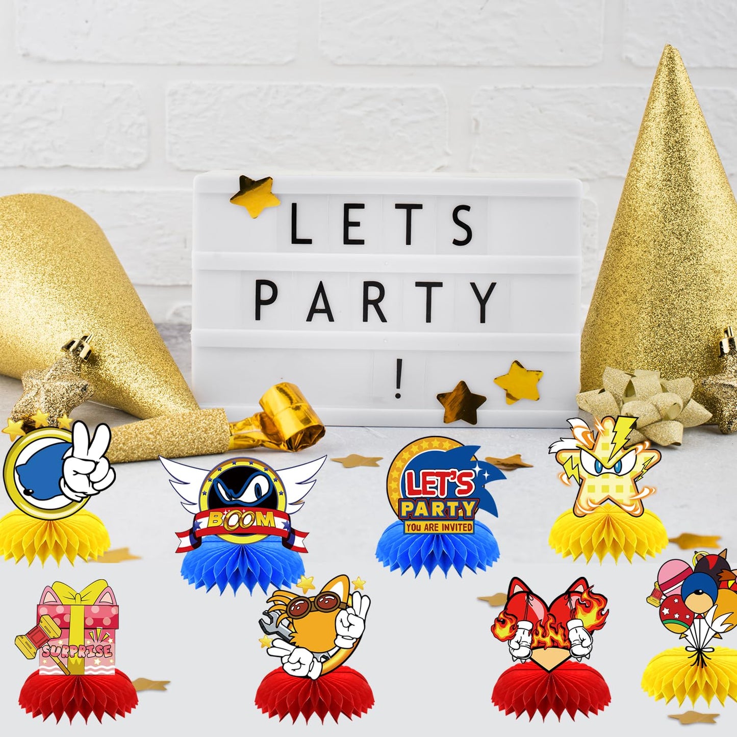 SHONHONG 8Pcs Blue Hedgehog Honeycomb Centerpieces – Double-Sided Birthday Table Decor
