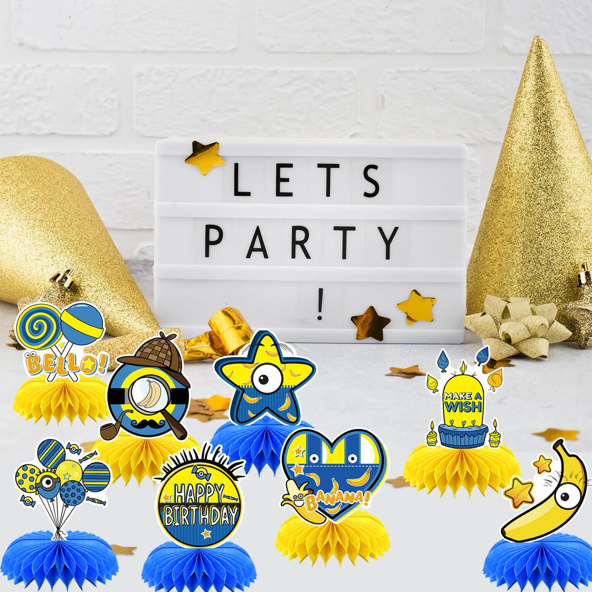 SHONHONG 8Pcs Yellow Cartoon Honeycomb Centerpieces – Double-Sided Table Topper for Birthday Decorations