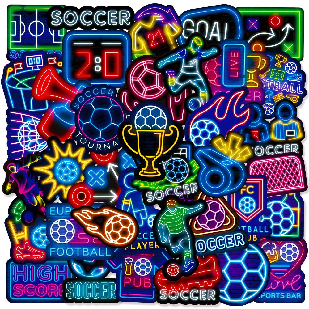 Shouqiuzhonglv 50Pcs Neon Soccer Stickers – Waterproof Vinyl Decor for Water Bottles, Luggage, and More